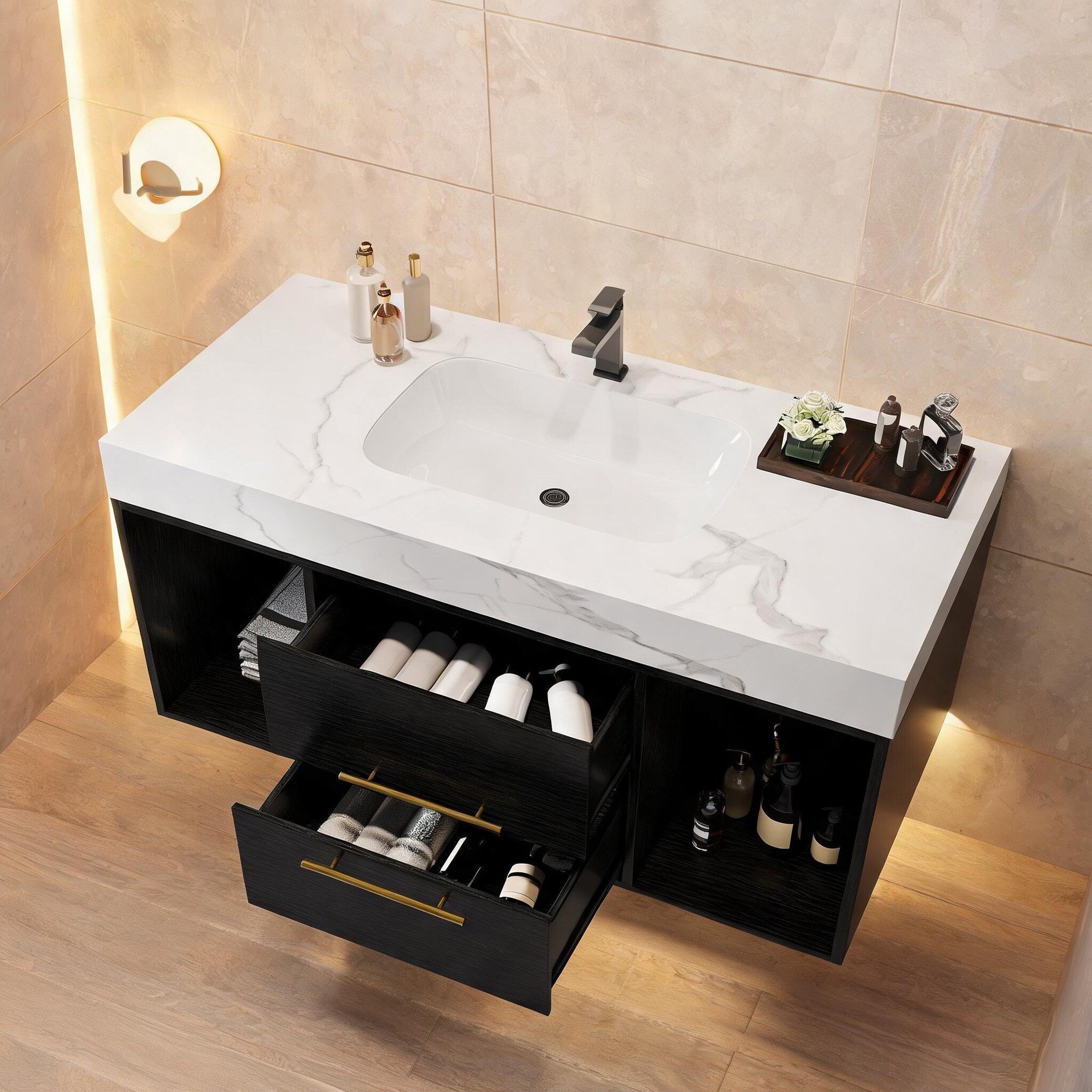 SunJet Wall-Mounted Bathroom Vanity with Ceramic Sink 39.4 Inch Classic Black Accents Floating Modern Storage Cabinet