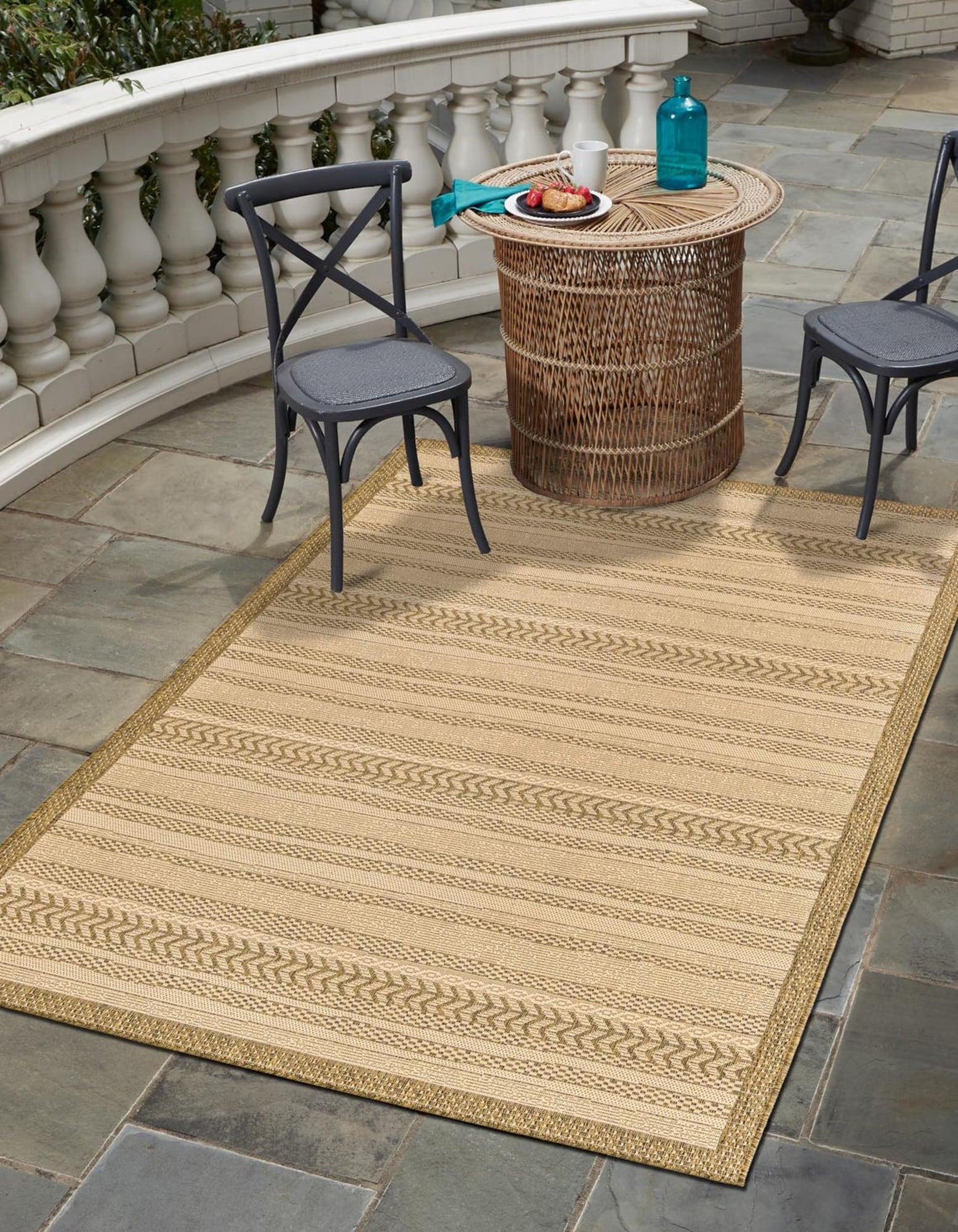 Unique Loom 3135434 Lines Outdoor 9 x 12 (ft) Loomed Polypropylene Brown/Beige Rectangular Indoor/Outdoor Geometric French Country Wash with water Area rug