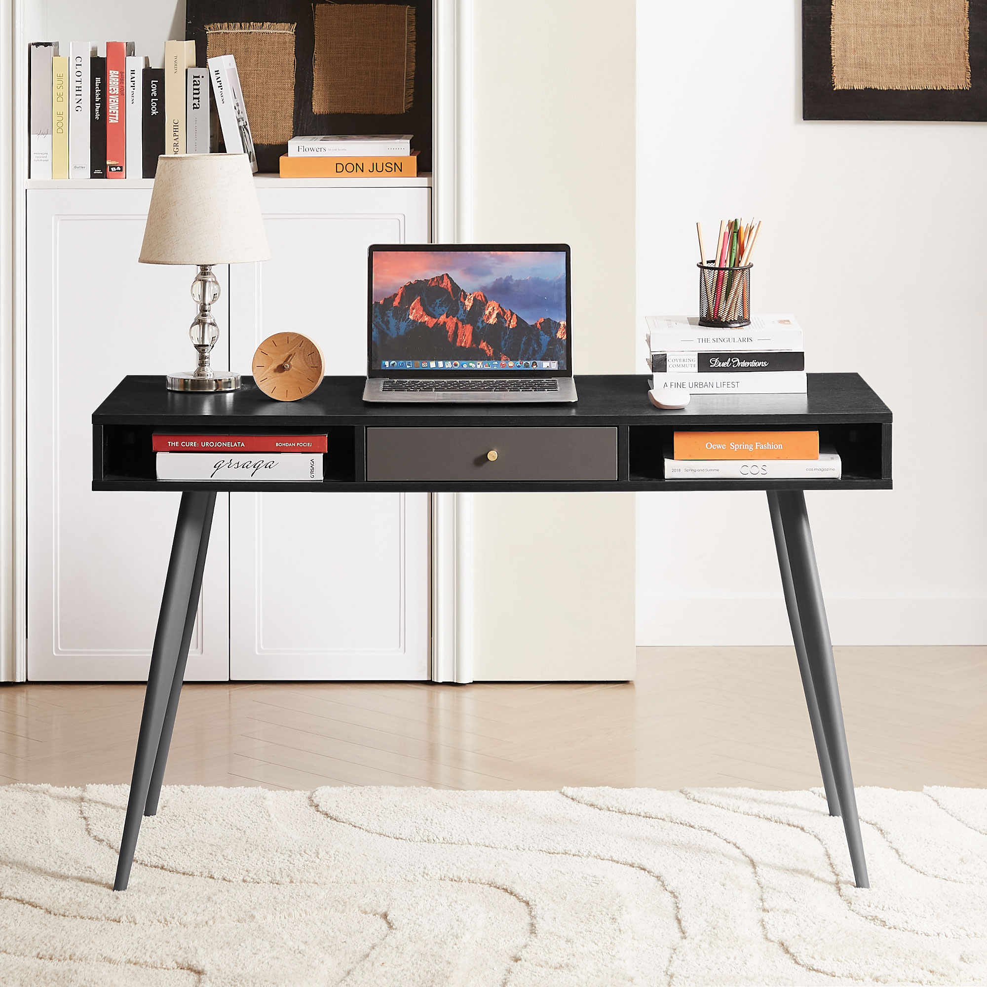 Tatayosi JL-278784 Mid Century Black Desk with USB Charging and Three Drawers
