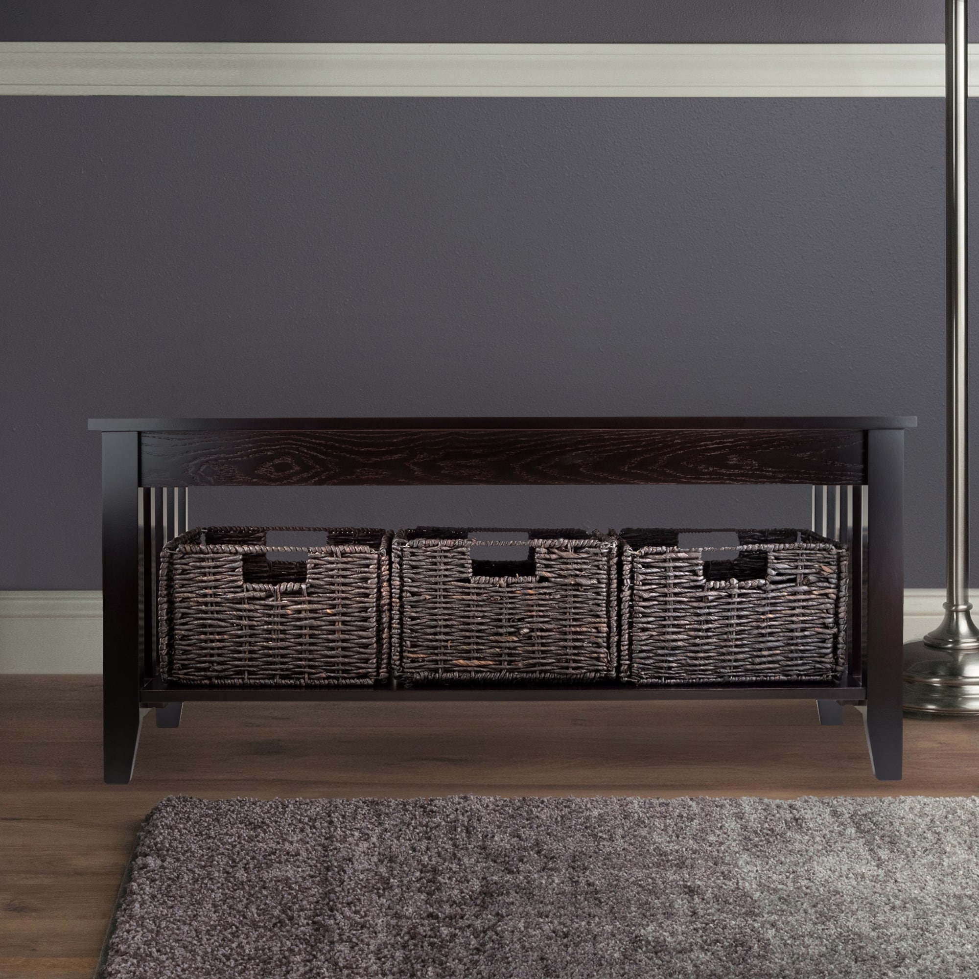 Espresso Brown Rectangular Wood Coffee Table with Storage Baskets