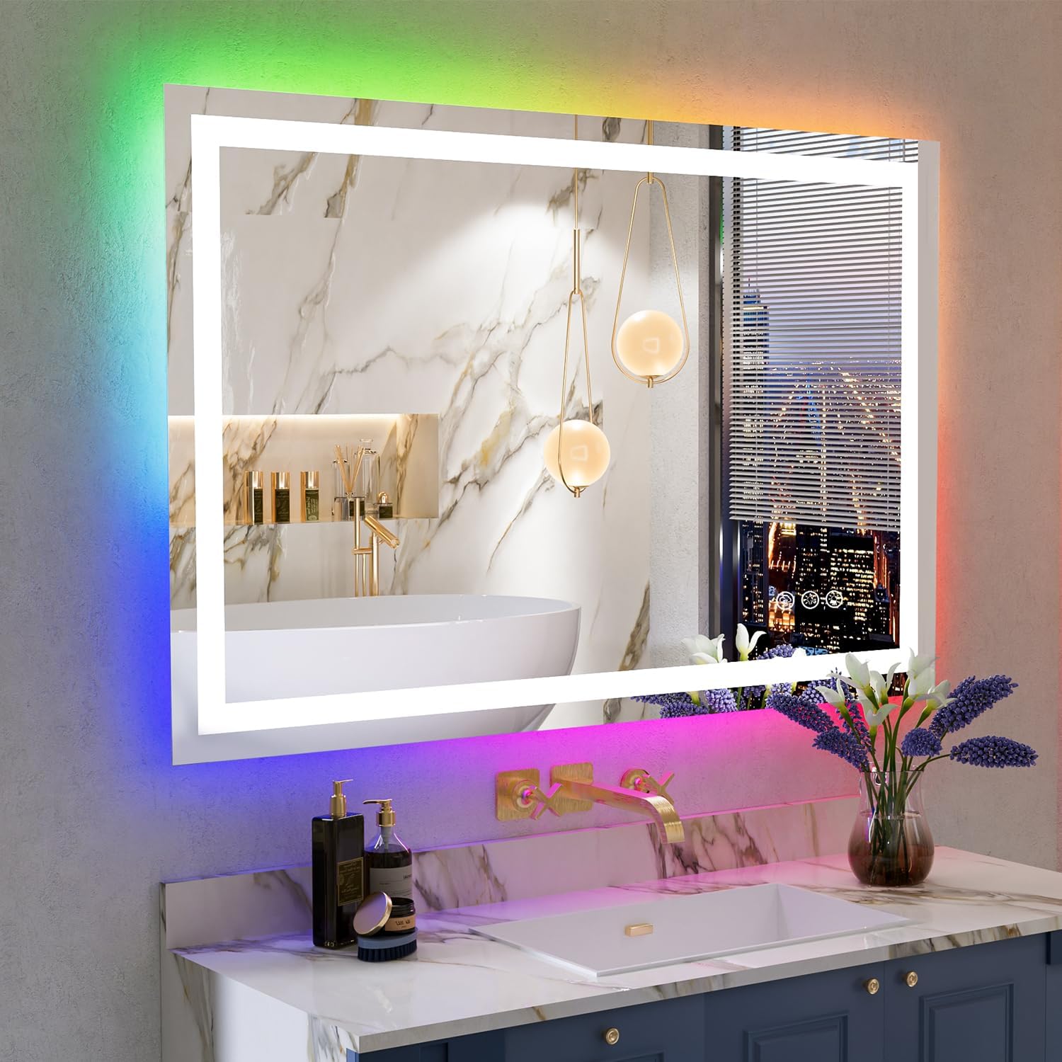 waterpar TKLO-2024 48-in x 32-in Polished Frameless Rectangle Dimmable Lighted Fog Free Bathroom Vanity Mirror ( Clear )