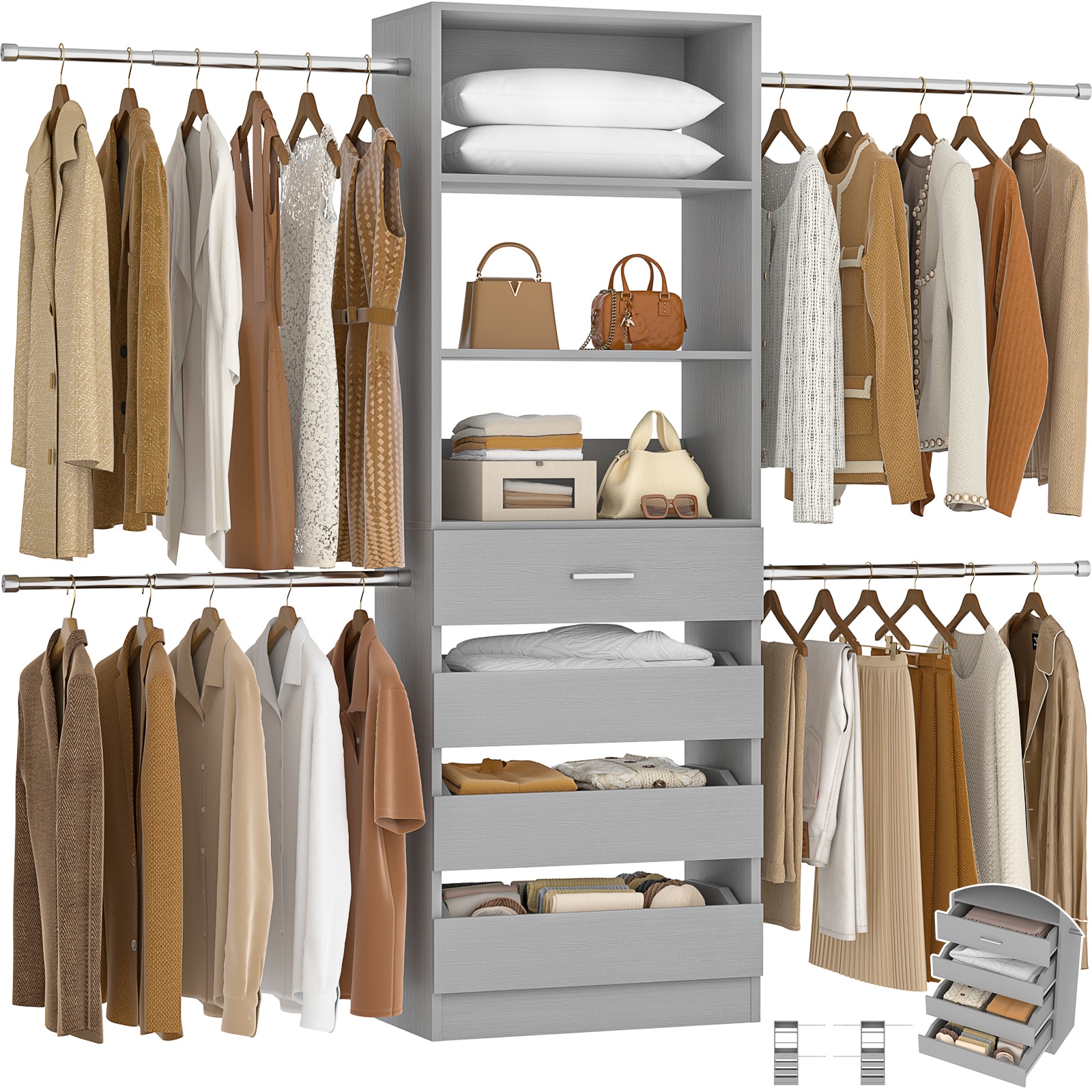 Aheaplus  4-9Ft Closet System Closet Organizer with 4 Drawers and 4 Hanging Rods Grey