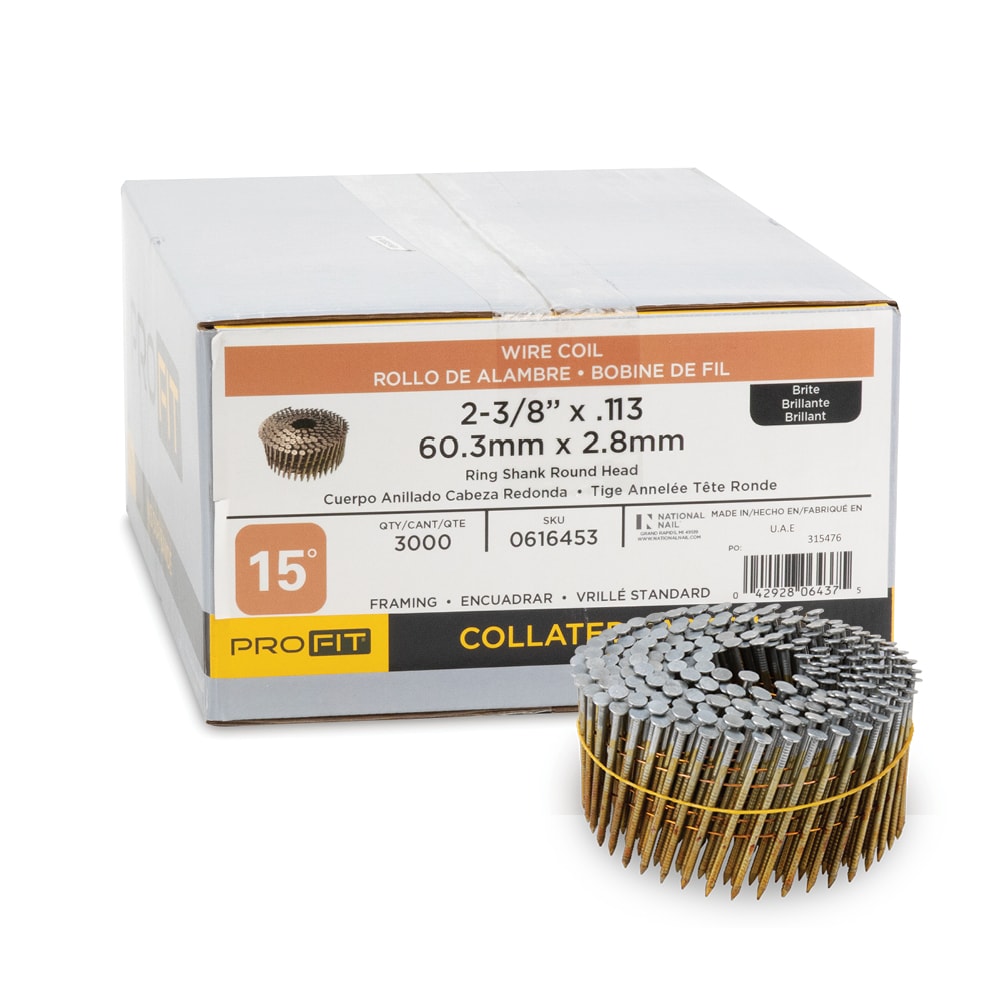 PRO-FIT 0616453 2-3/8-in x 0.113-Inches 15 -Degree Bright Ring Shank Collated Framing nails ( 3000 -Per Box )
