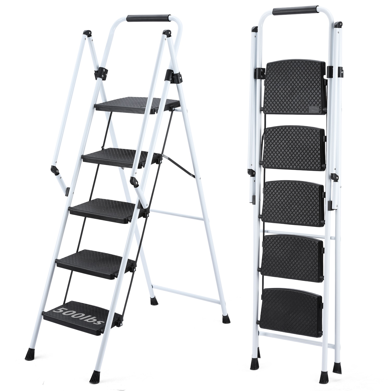 LUXEYARD ladder folding ladder stool with anti slip wide pedals steel ladder with safety anti slip handle lightweight 300 pound portable steel ladder stool in White 5 steps