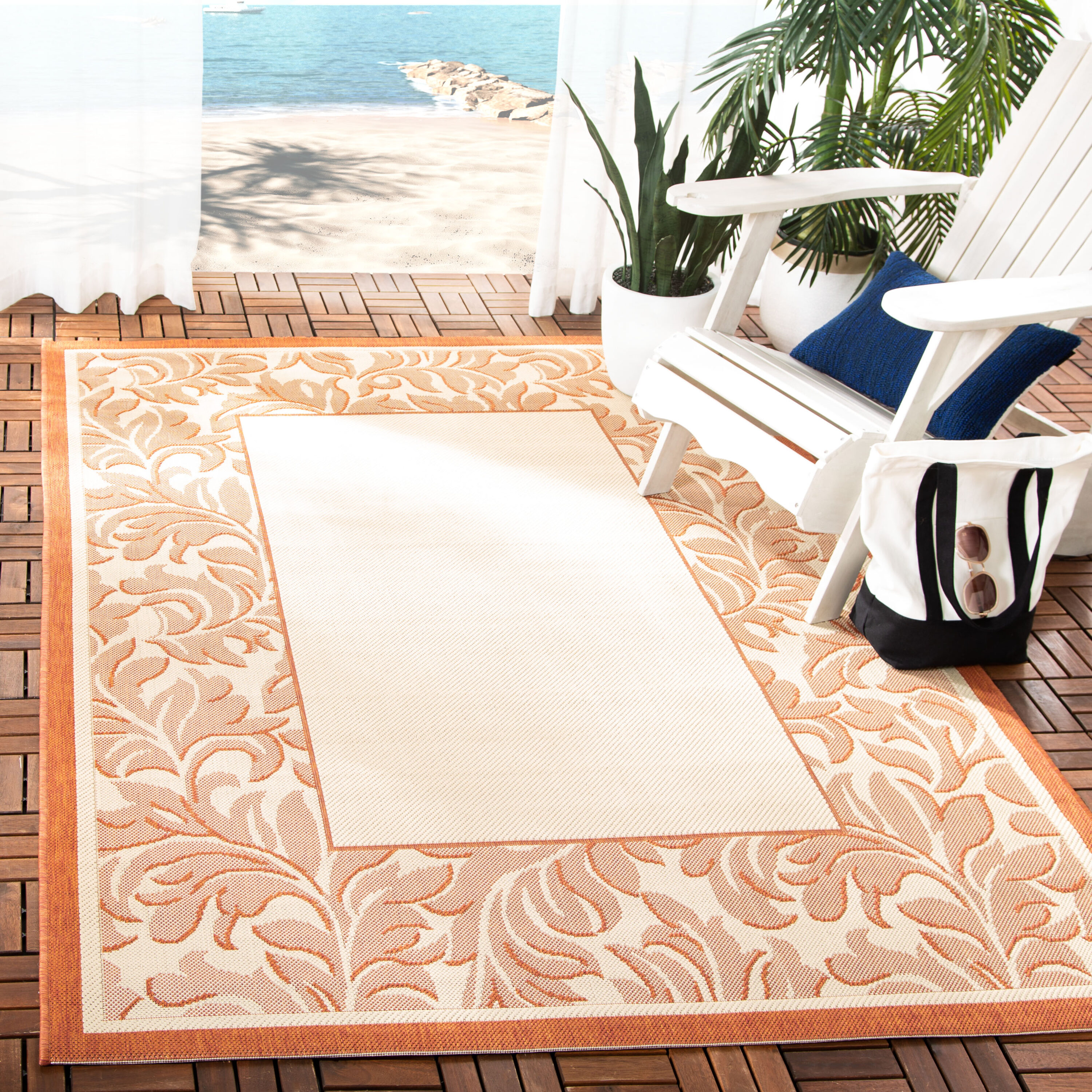 Safavieh CY2666-3201-4 Courtyard Mystic Borders 4 x 6 (ft) Loomed Polypropylene Natural/Terra Rectangular Indoor/Outdoor Floral/Botanical Coastal Area rug