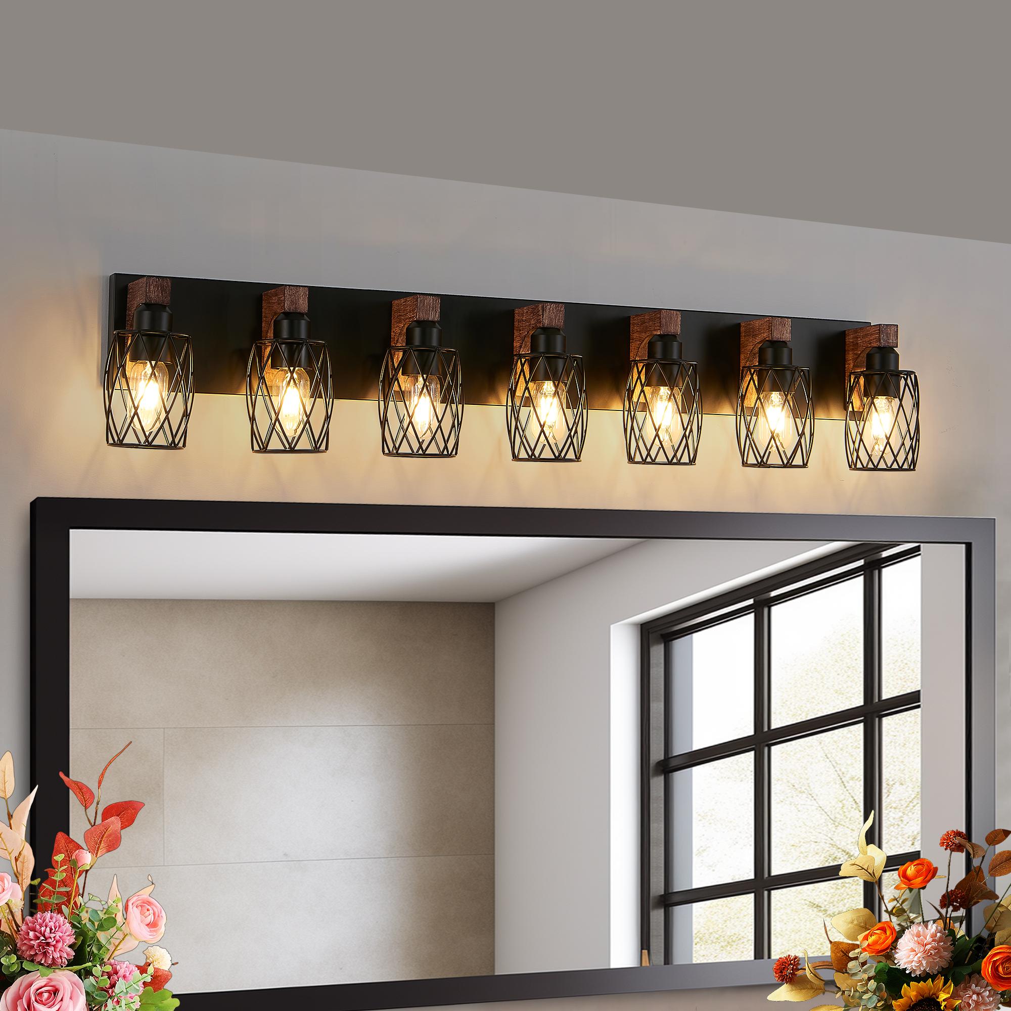 Bayfeve 7-Light Black Vintage Vanity Light with Wood Grain Finish (Bulb Not Included)