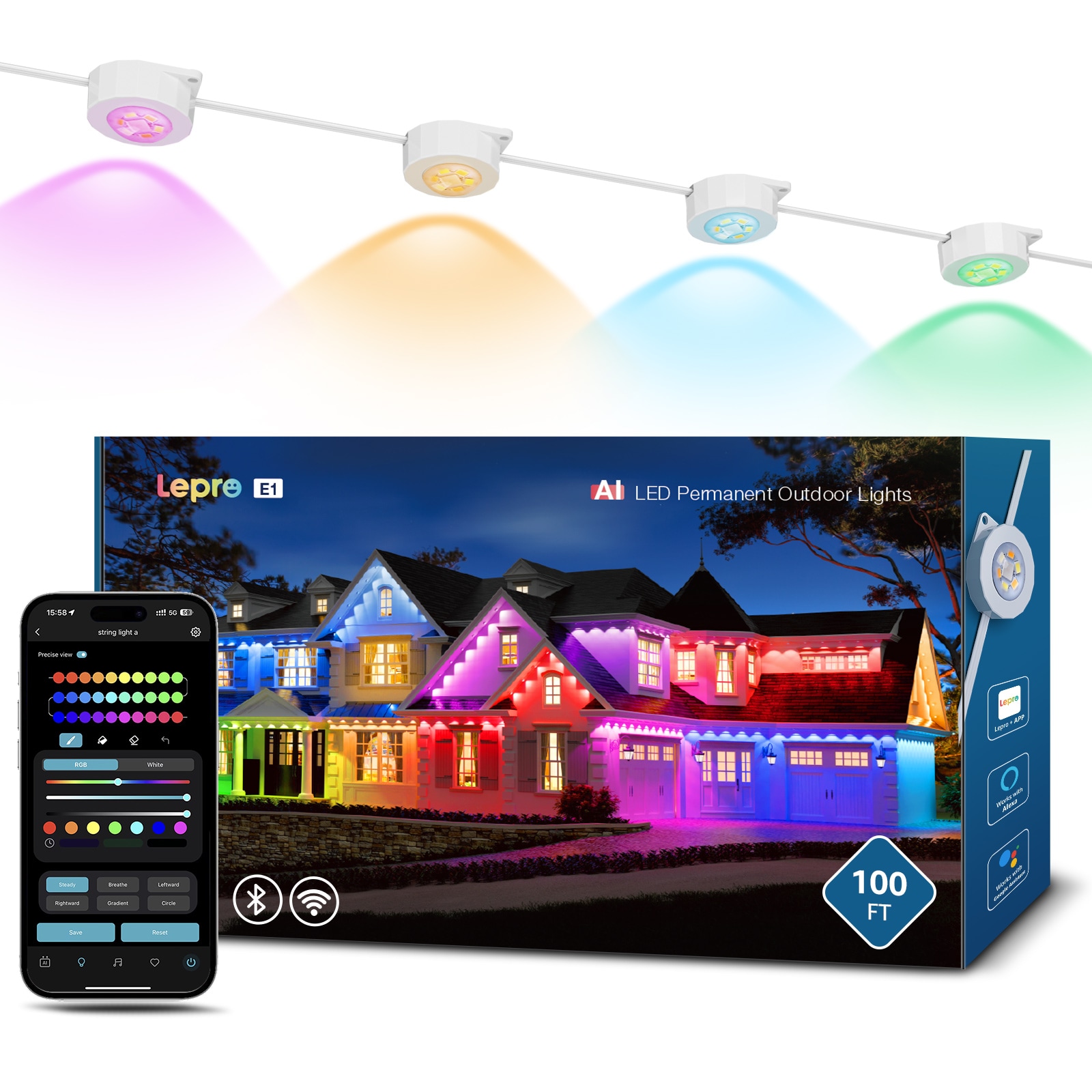 Lepro E1X60XUS 100-ft Plug-in RGB Indoor/Outdoor String Light with 60 Multicolor -Light LED Novelty Bulbs Bluetooth Compatibility Wi-Fi Compatibility