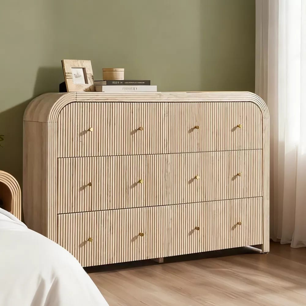 DecorUHome - Fluted 6 Drawer Dresser Modern Curved Profile Wood Storage Organizer for Bedroom Liv...