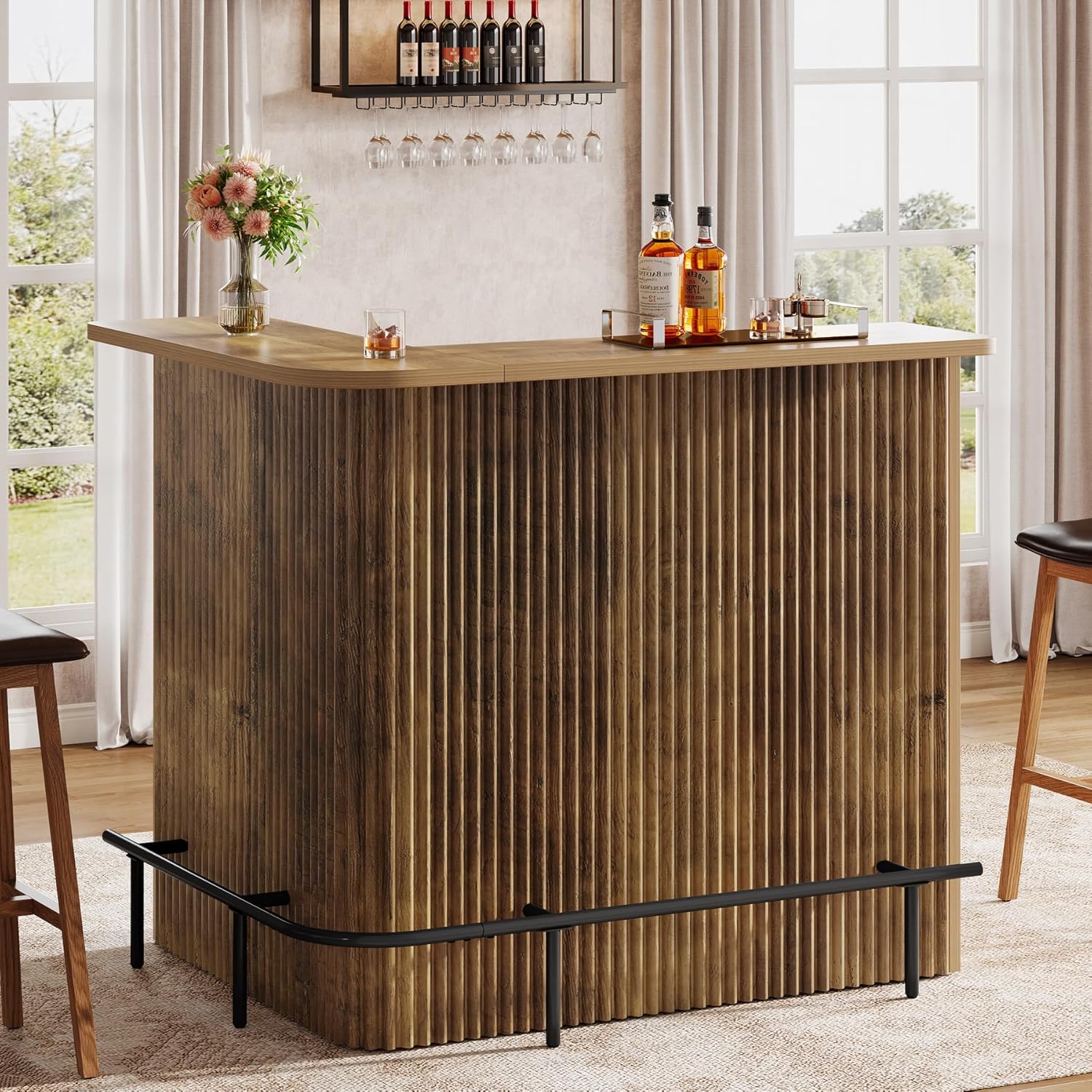 Tribesigns L Shaped Bar Table 4 Tier Home Bar Unit with Metal Footrest Fluted Counter Height Pub Table with Storage Shelves Brown