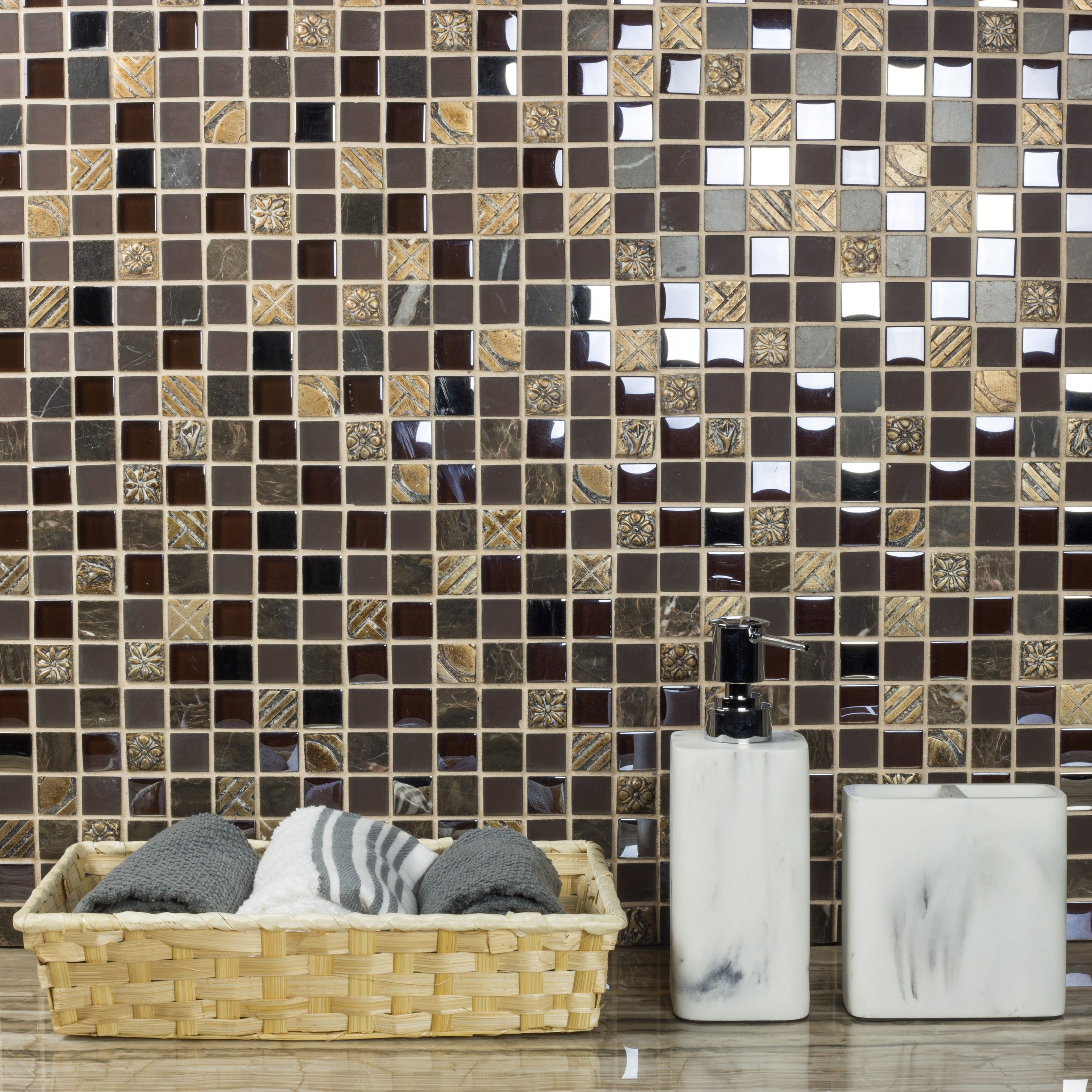 Abolos LWSMNC0101-AN Monarchy Antigua Brown 12-in x 12-in Glossy Glass/Stone Stone look Mosaic Wall Tile ( 13-sq ft Carton