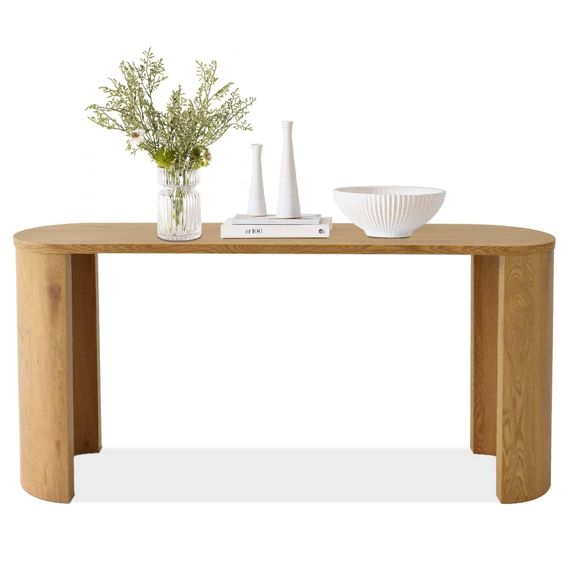 Maison Boucle DWEN-60CONSOLE-OAK 60 Inch Oval Oak Console Table with Pedestal Legs and Wood Grain for Entryway or Living Room