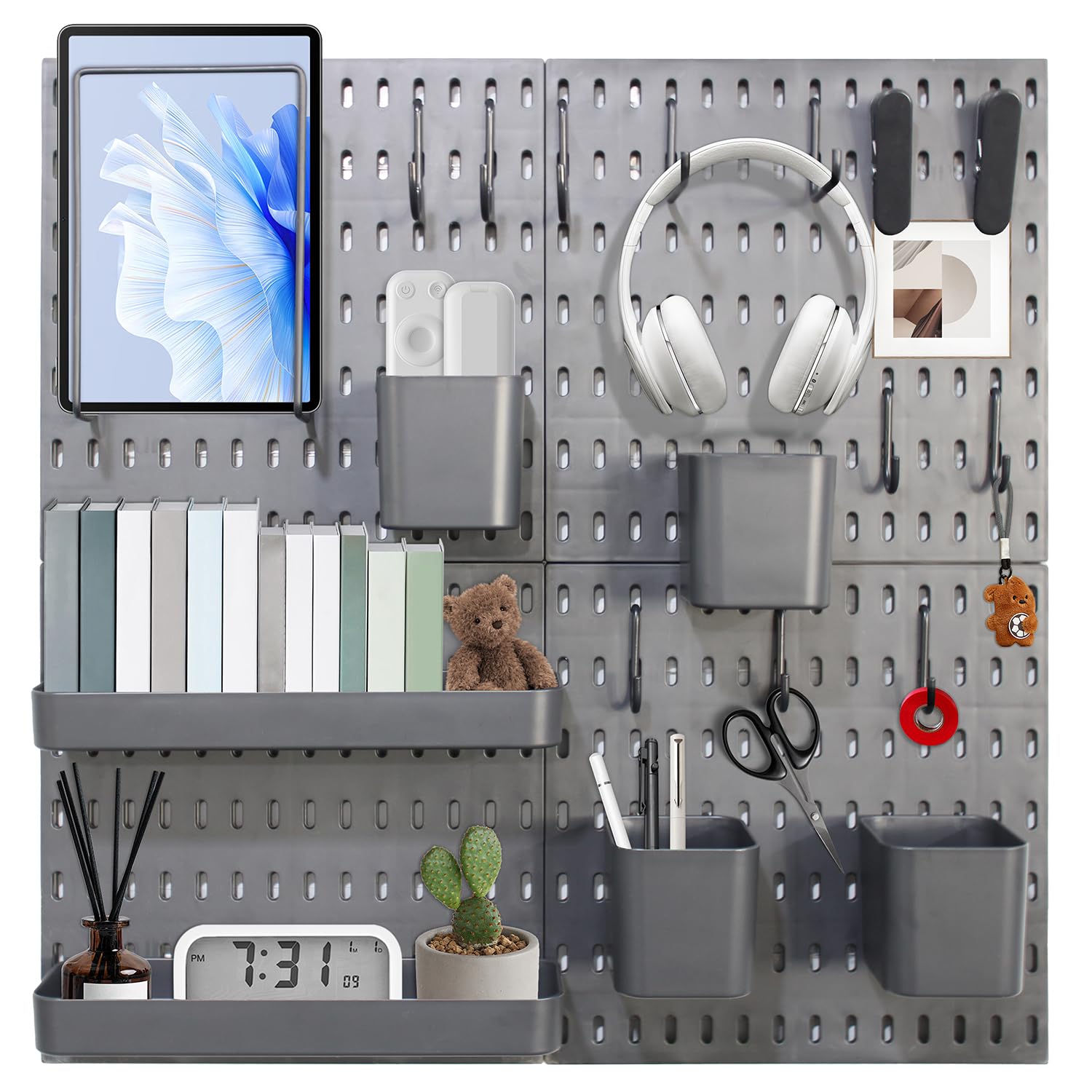 Vrbgify  Pegboard Wall Organizer Kit 4 Panels 11 x 11 Inch with 19 Accessories Storage Shelves Hooks and Holders for Bedroom Office Gaming Black