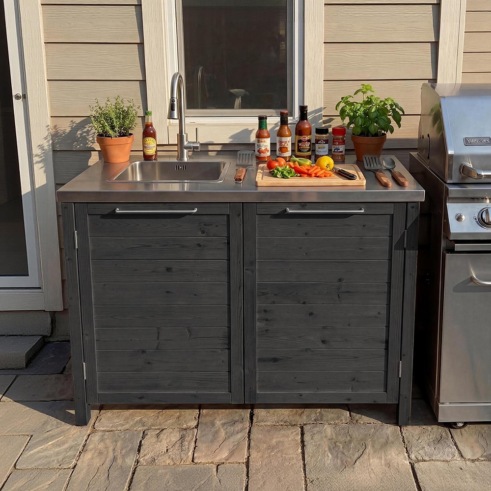 Famapy  Outdoor Solid Wood Cabinet with Sink Stainless Steel Top Weather Resistant Patio Prep and Wash Station 51.2''L x 23.6''W x 37.5''H Carbon Black