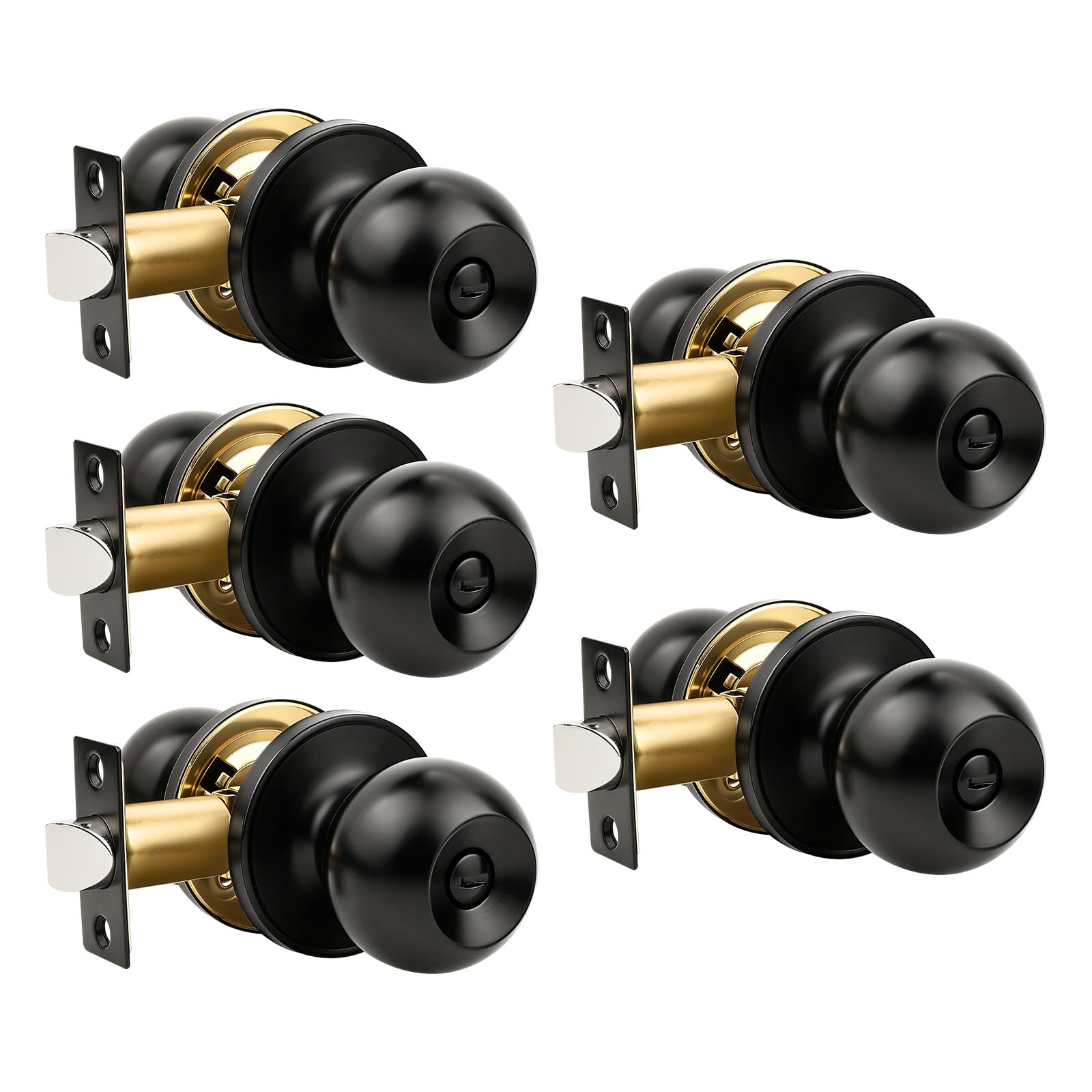 DYRCJ  Matte Black Privacy Door Knobs Pack of Five Keyless Interior Round Door Handles for Bedroom Bathroom Stainless Steel Classic Design