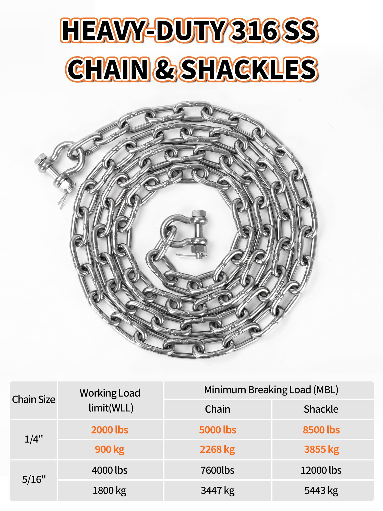 KHKFY 1/4 in by 4 FT Marine Grade 316 Stainless Steel Boat Anchor Chain ...