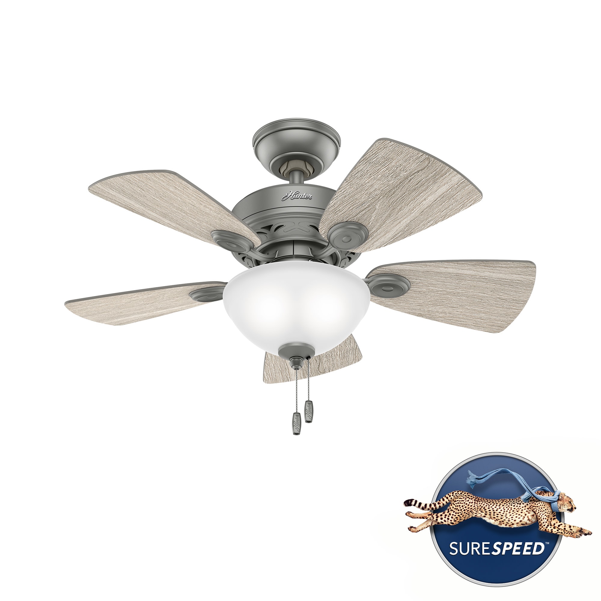 Hunter 51471 Watson 34-in Matte Silver with Light Gray Oak/Warm Grey Oak Blades Ceiling Fan With Light ( 5 -Blade )
