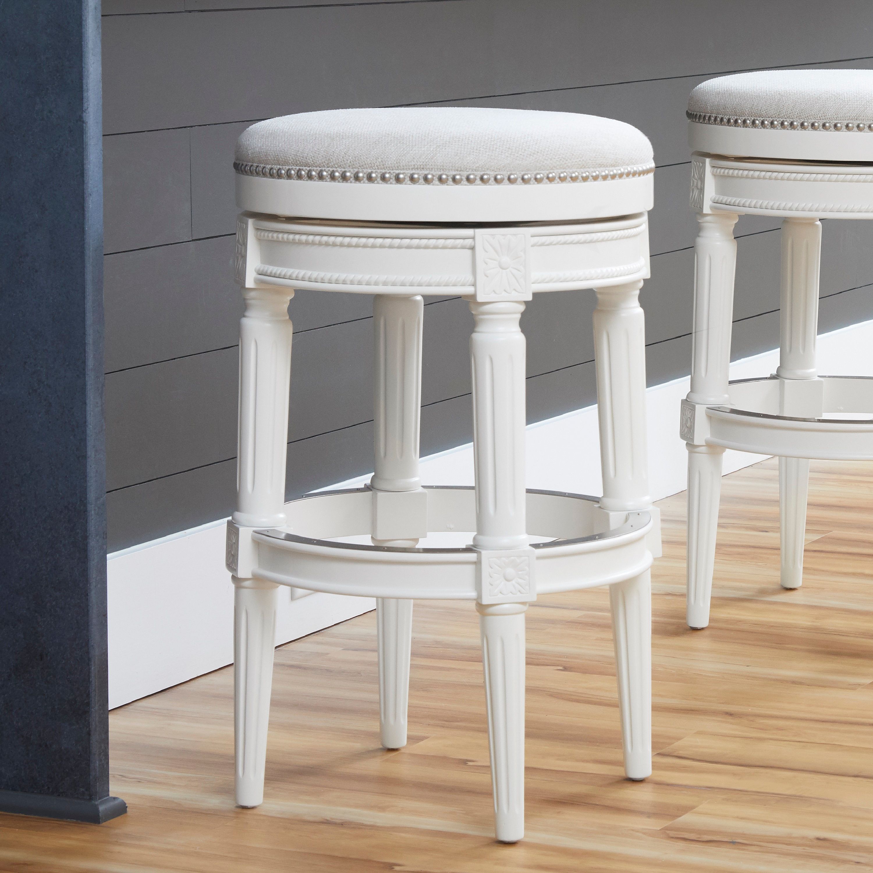 New Ridge Home Goods Chapman - White wood and linen backless swivel bar ...