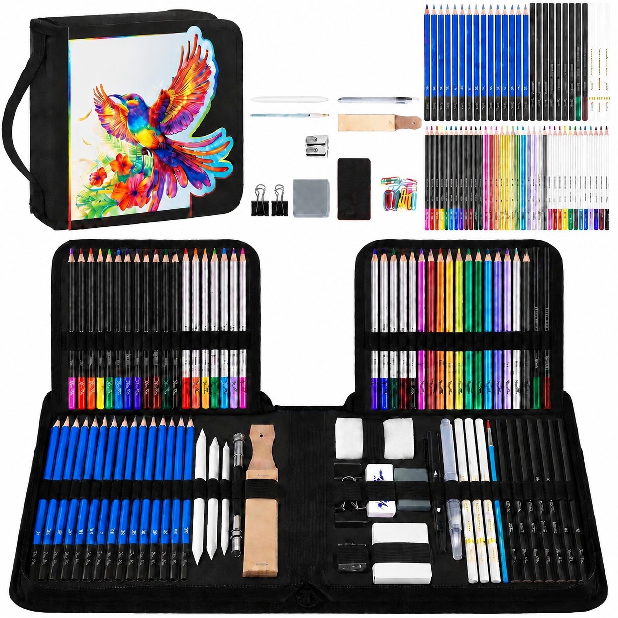 Linder Group Inc 106 pcs Art Supplies Sketching Kit with Drawing Pencils 3 Color Sketchbook Coloring Book Charcoal Watercolor and Metallic Pencils for Artists