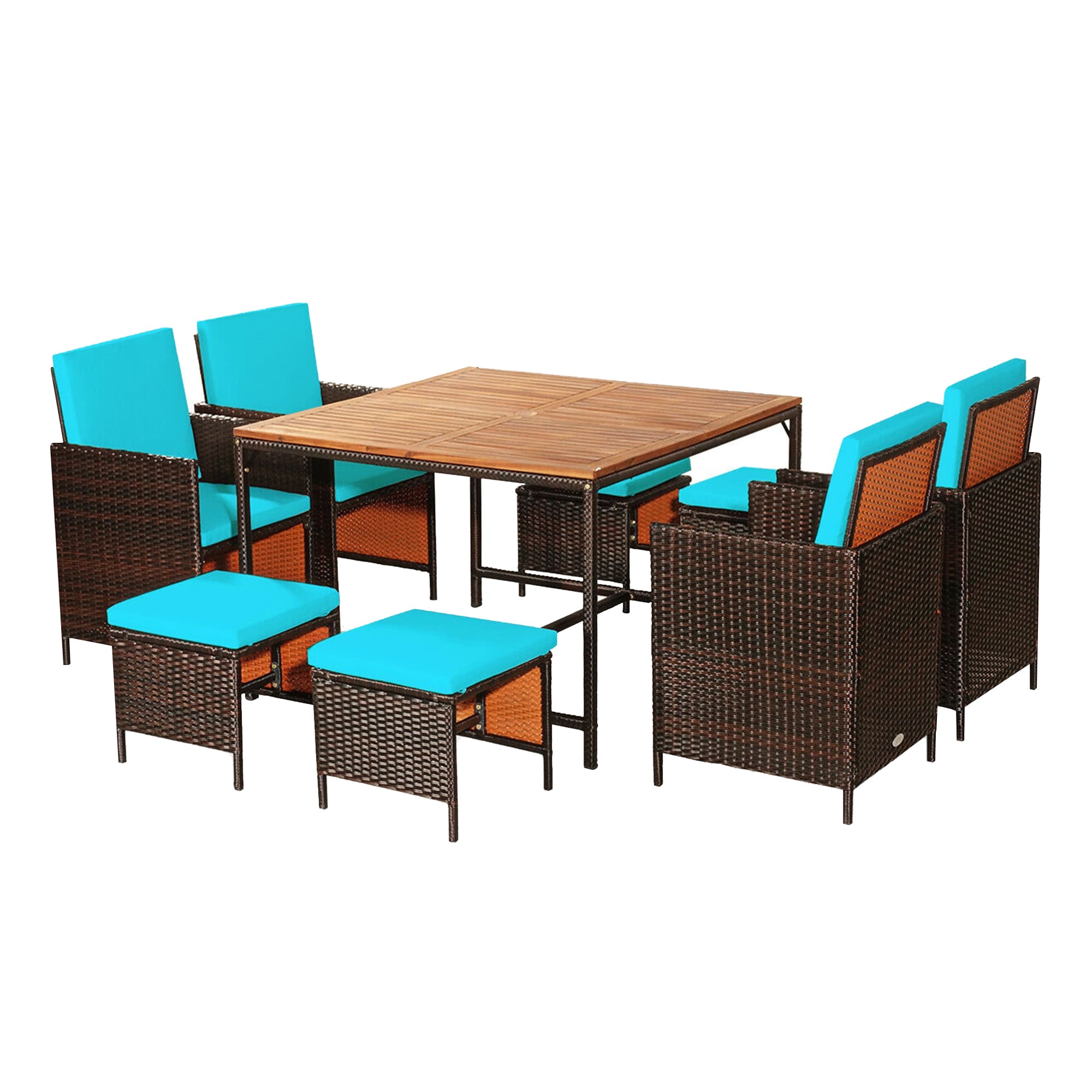 WELLFOR OUJ70674TU+ 9 -Piece Brown Rattan Patio Dining Set Steel Square Table with 4 Blue Cushions Stationary Chairs