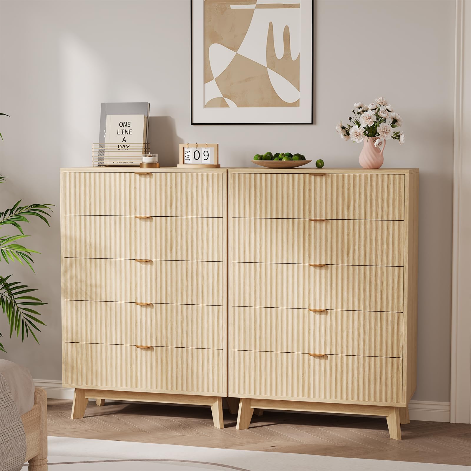 Aoile Natural Oak Fluted 5 Drawer Tall Dresser With Slanted Wood Legs MDF Storage Chest For Bedroom Entryway