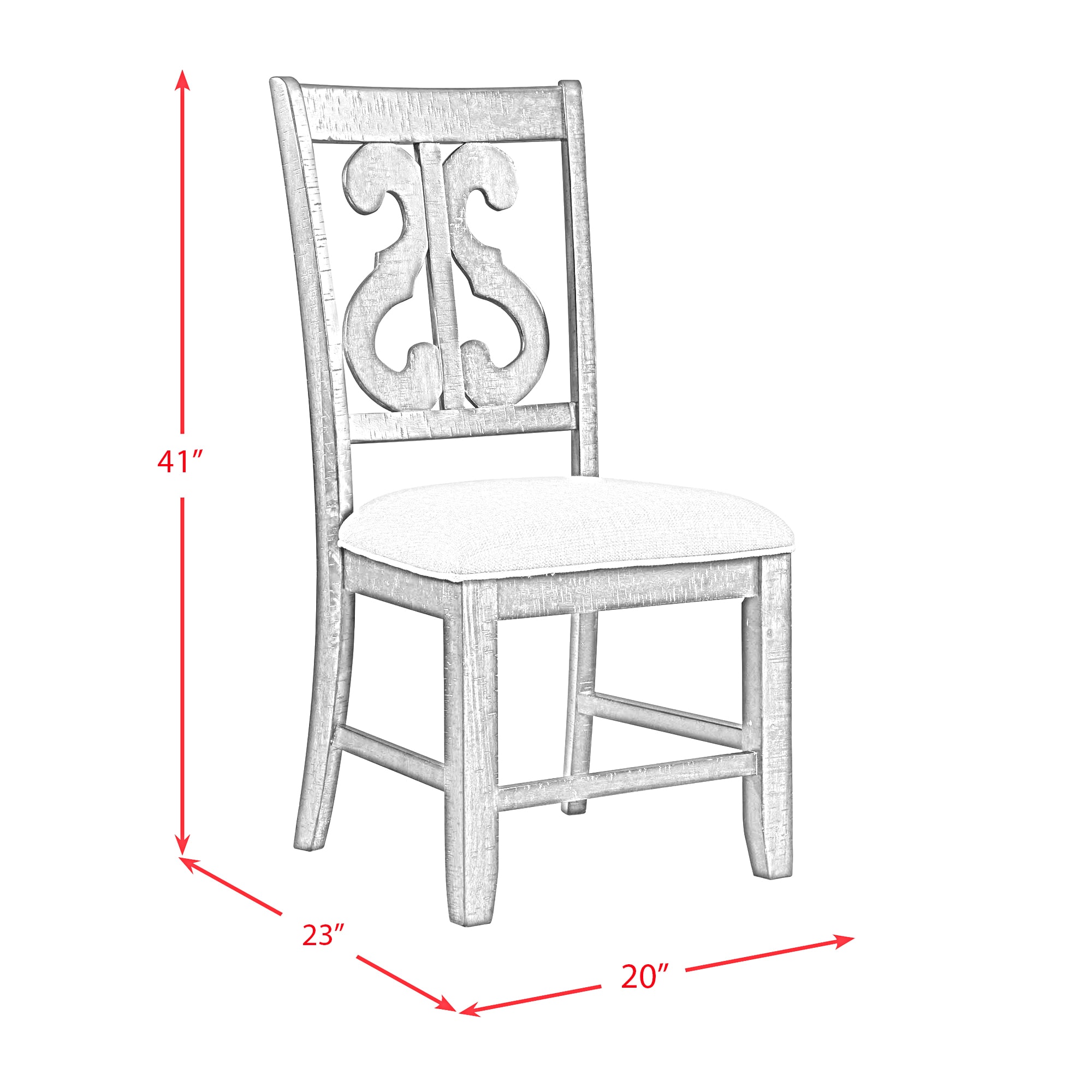 Elegant White Wooden Side Chair with Swirl Back Design and Upholstered Seat
