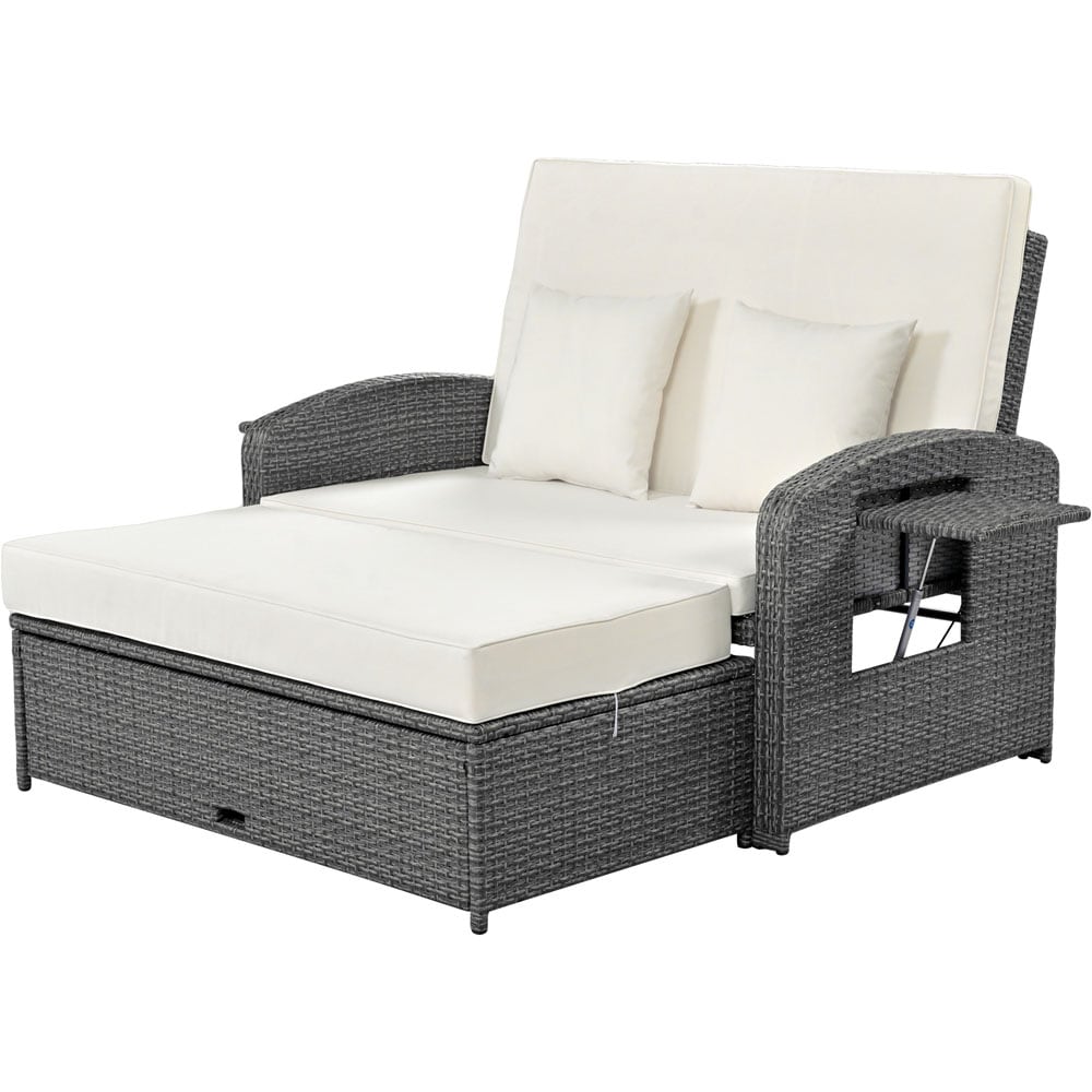 ModernLuxe L-SP100004AAA PE Wicker Rattan Double Chaise Lounge Rattan Outdoor Daybed with White Cushions and Steel Frame