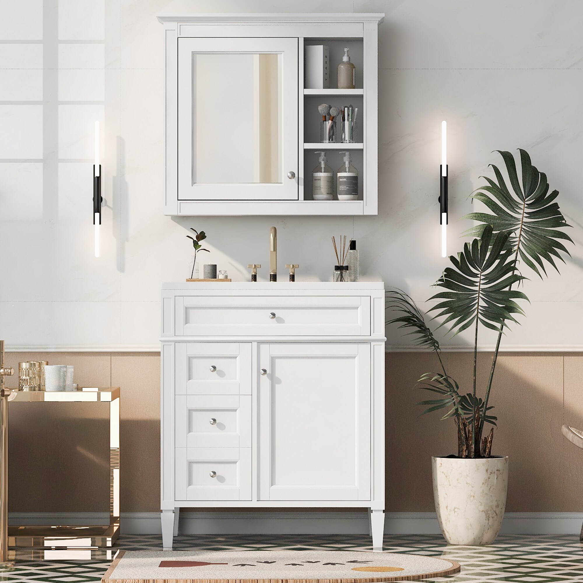 ES-DIY 30-in White Freestanding Bathroom Vanity with Top Sink 2 Drawers Tip-Out Drawer and Medicine Cabinet