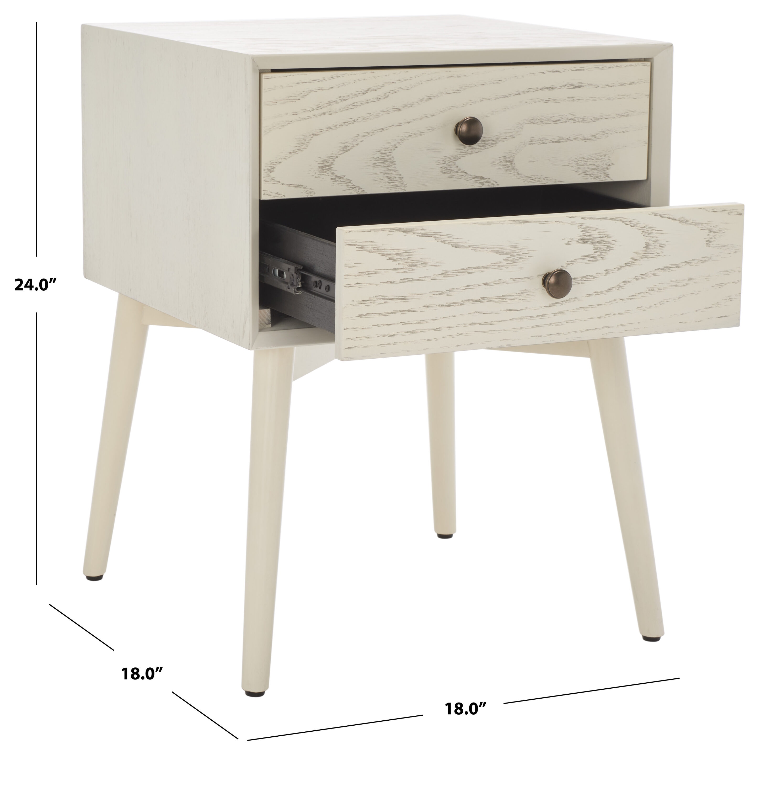 White Washed and Antique Gold 2 Drawer Mid-Century Nightstand