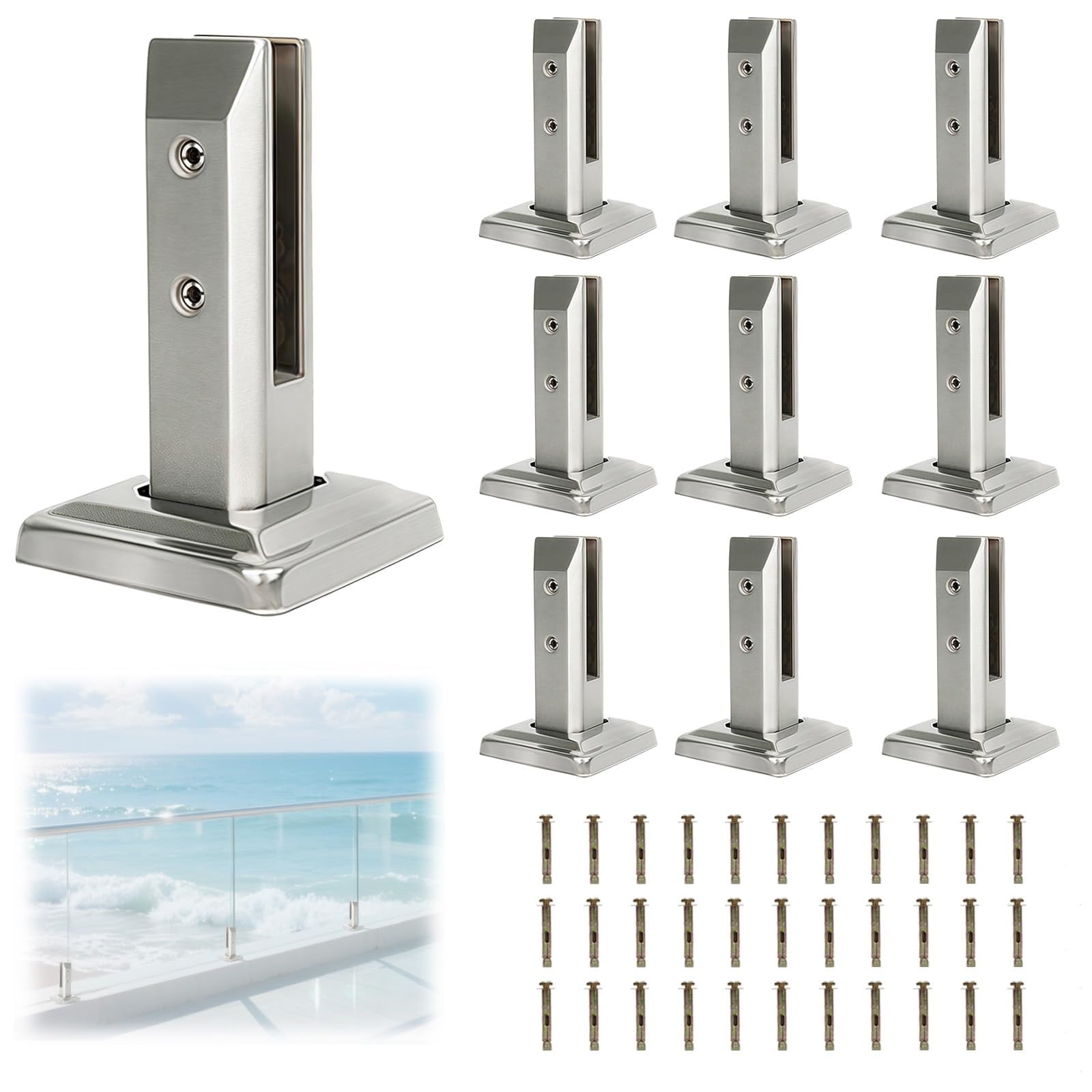 Etokfoks  10 PCS 304 Stainless Steel Glass Railing Spigots Silver 10cm x 17cm Fits 10 13mm Tempered Glass
