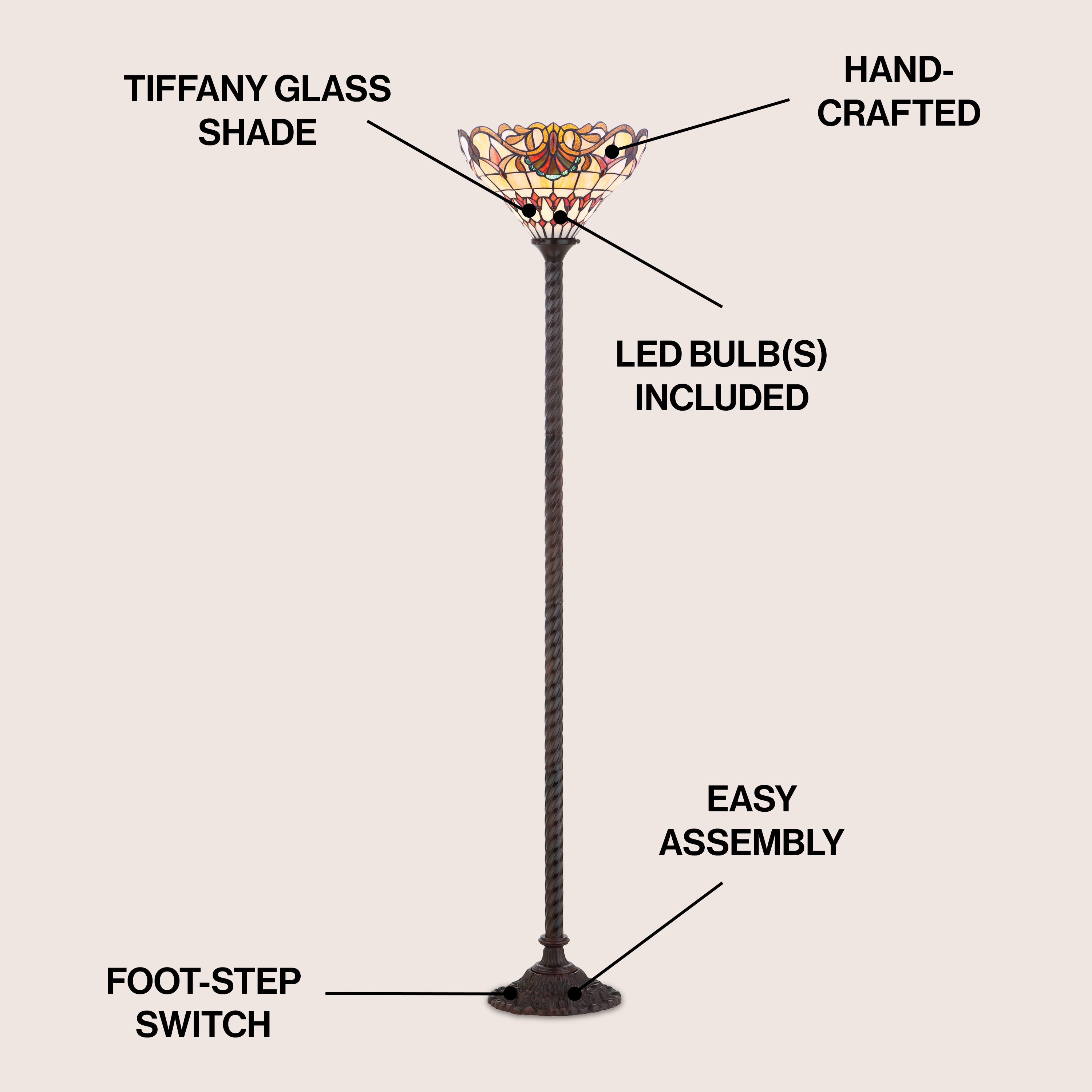 Davis Tiffany-Style 70" Bronze Torchiere with Multicolor Stained Glass