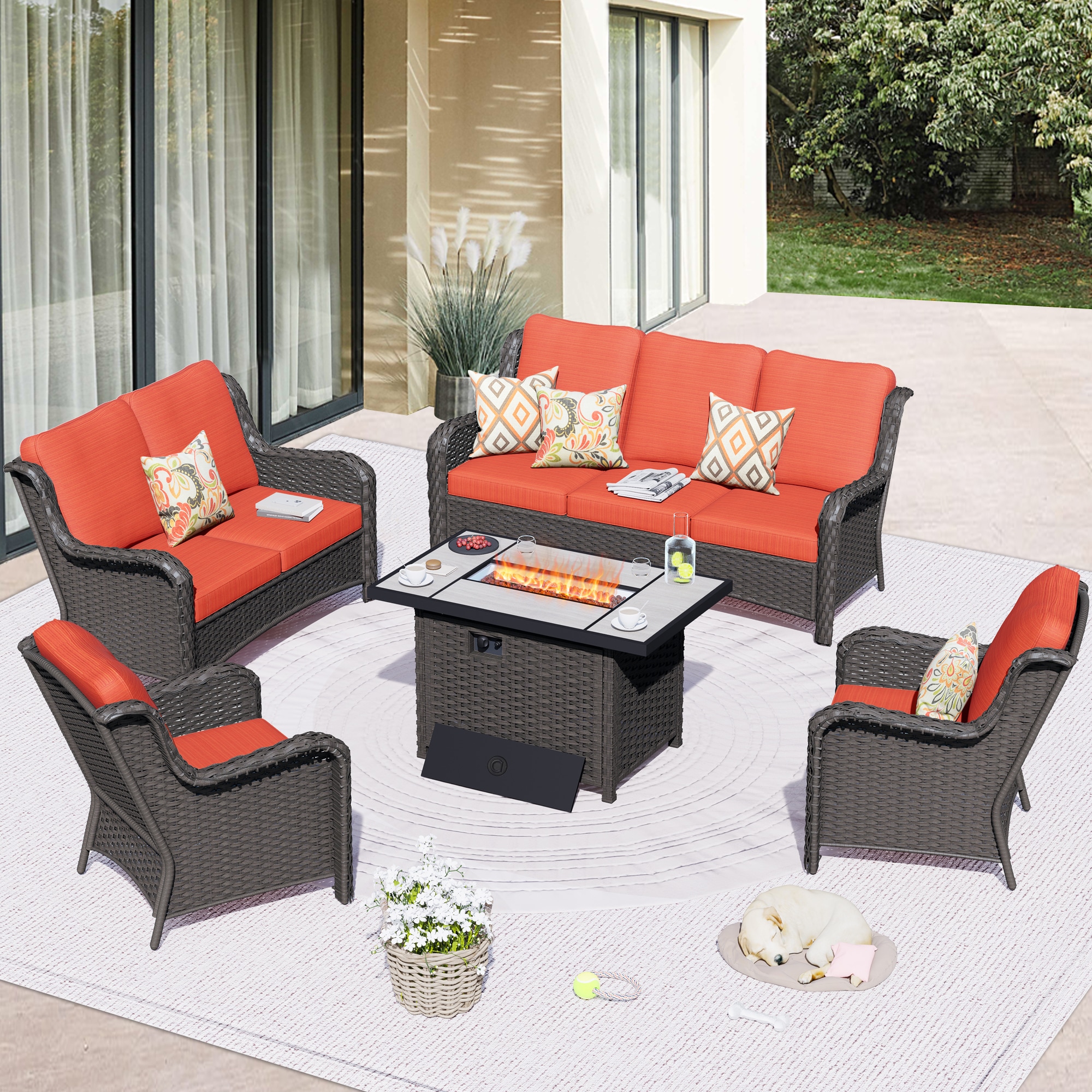Pouuin SRFPNTC804 5 -Piece Wicker Patio Sofa Conversation Set with Orange Cushions