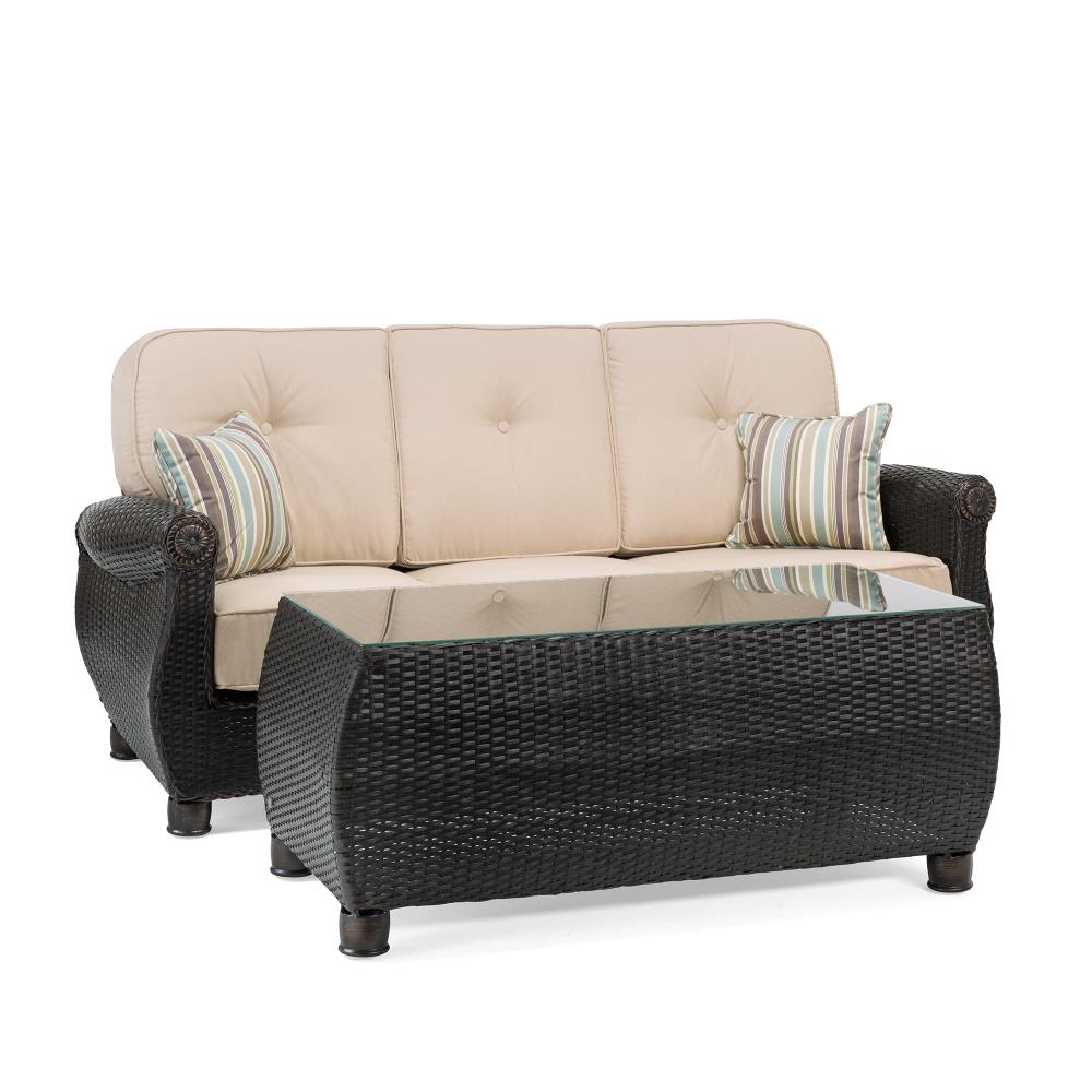 la-z-boy outdoor breckenridge woven outdoor sofa with tan cushion