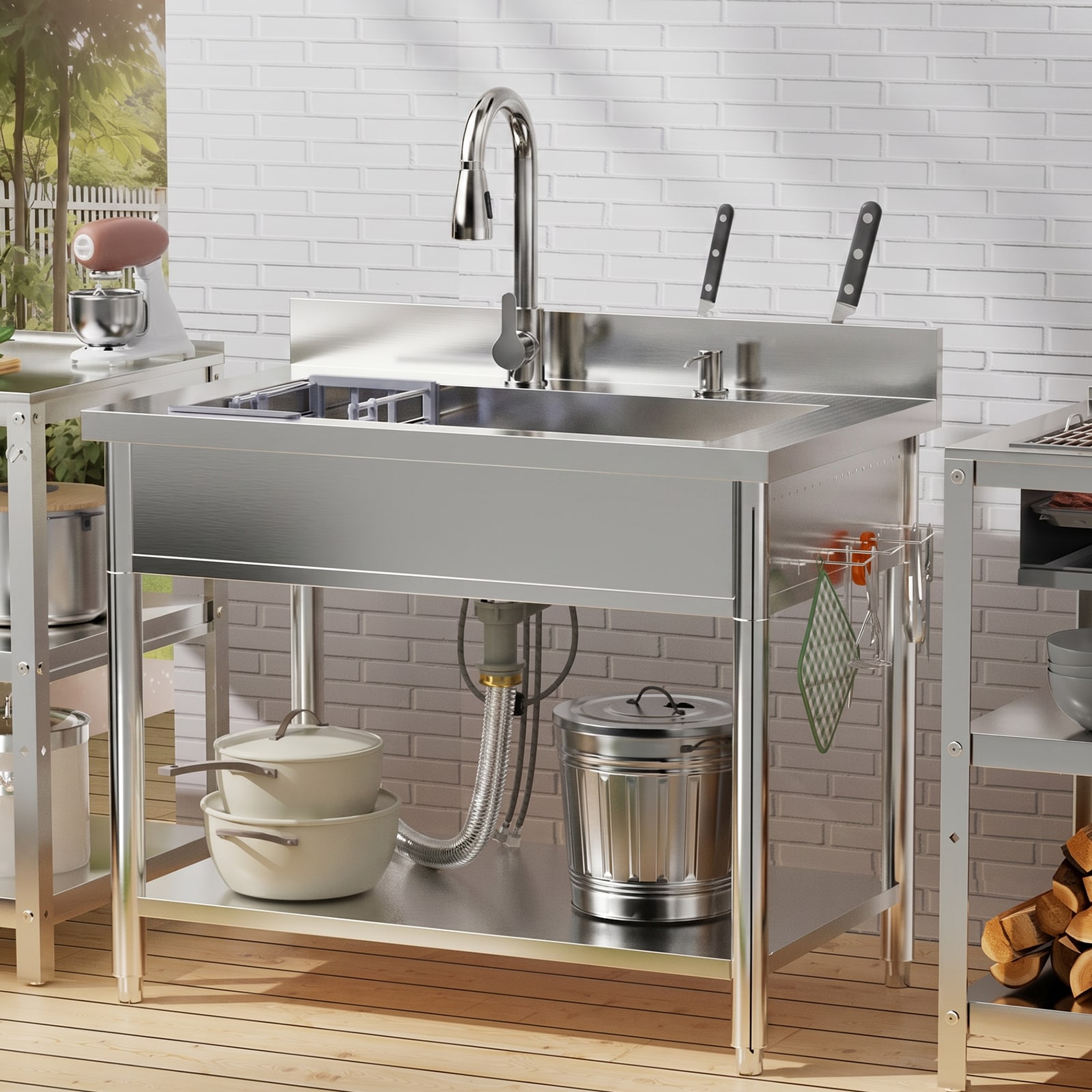 Lordear 38.4-in Stainless Steel Freestanding Utility Sink with Pull-Out Faucet and Accessories
