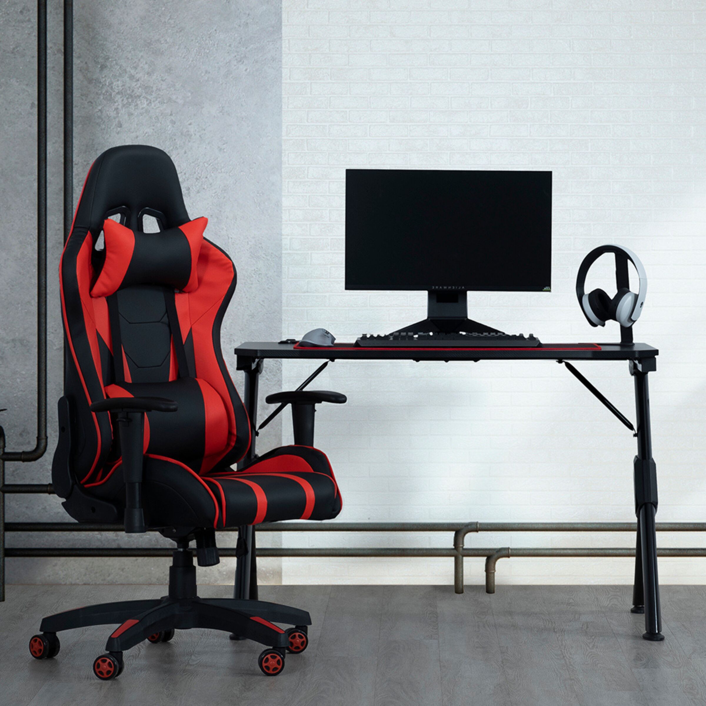 Primo International 51858 Black Red Contemporary Ergonomic Adjustable Height Swivel Upholstered Gaming Chair