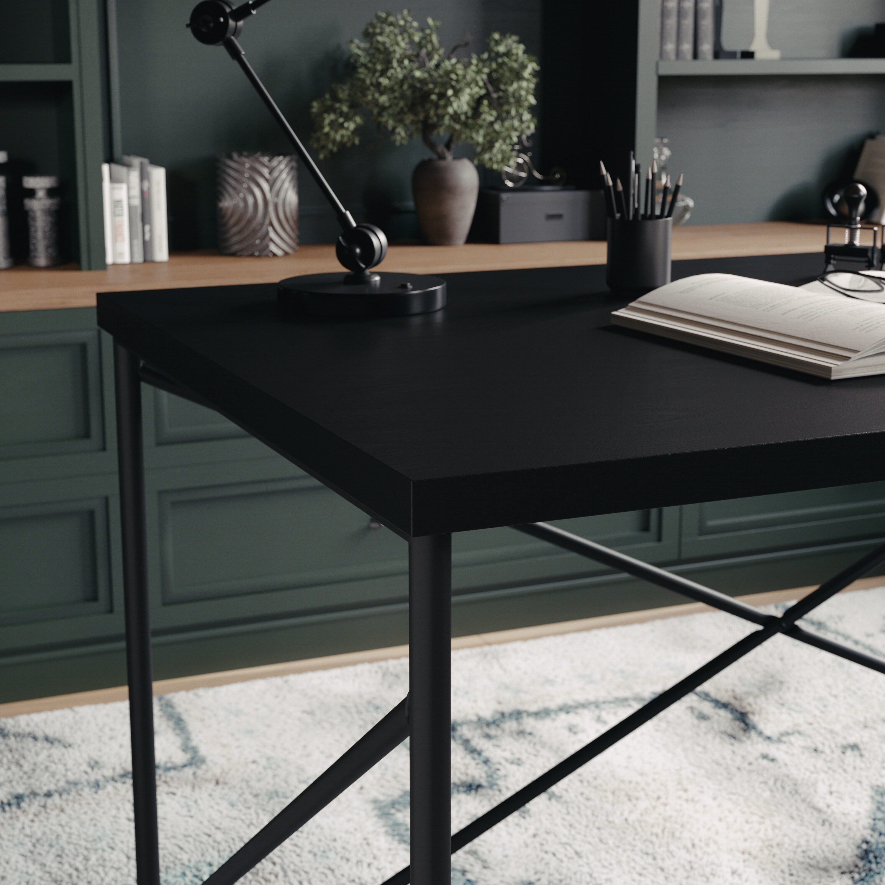 Black Wood Grain Parsons Desk with Metal X-Frame