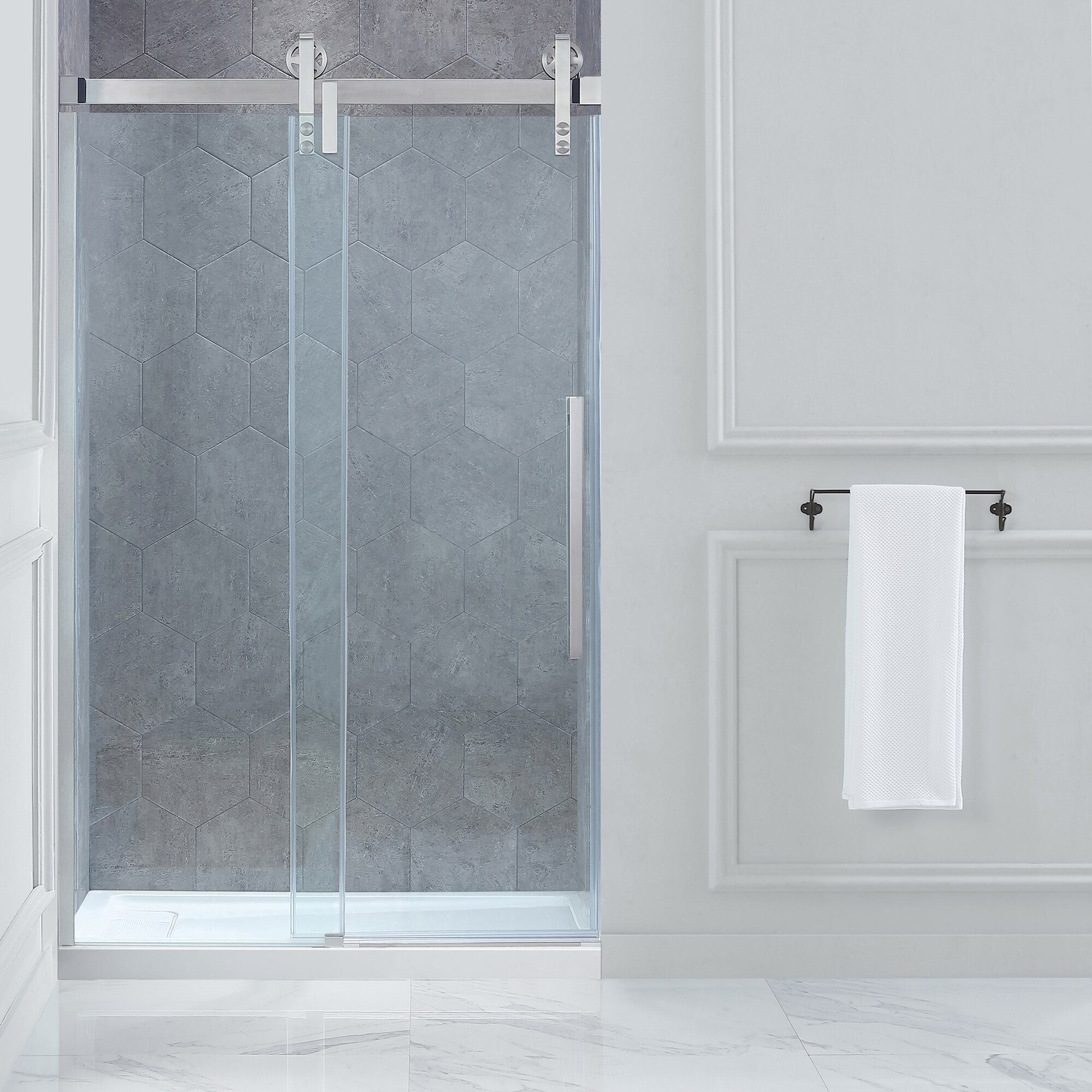 OVE Decors 15SKC-SEDO48-SAT Sedona 2 -Piece 32-in W x 48-in L x 81-in H Rectangular Alcove shower kit ( Side hidden Drain) Base and Door Included Brushed nickel Hardware Included