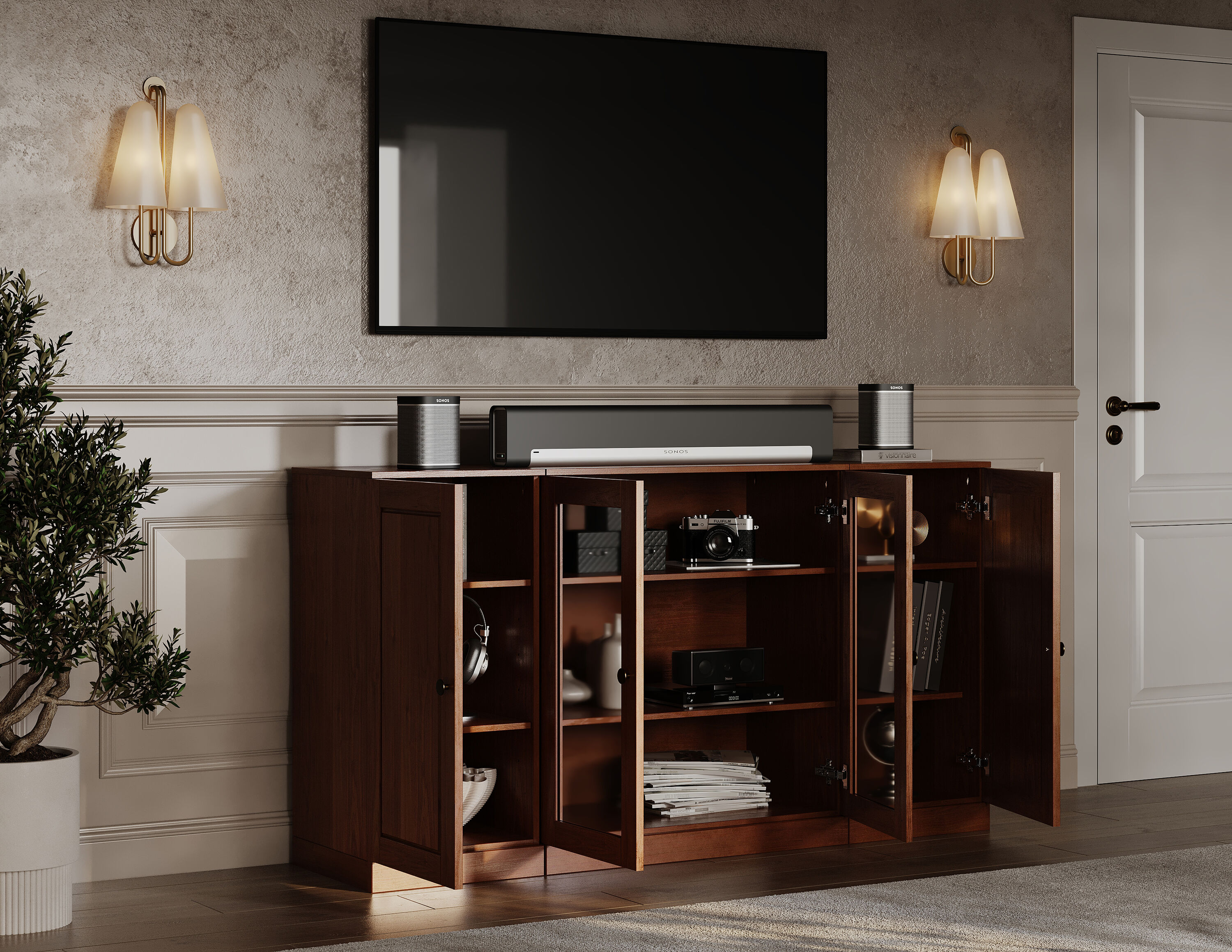 Palace Imports Solid Wood Modular TV Stand with Clear Glass Raised ...