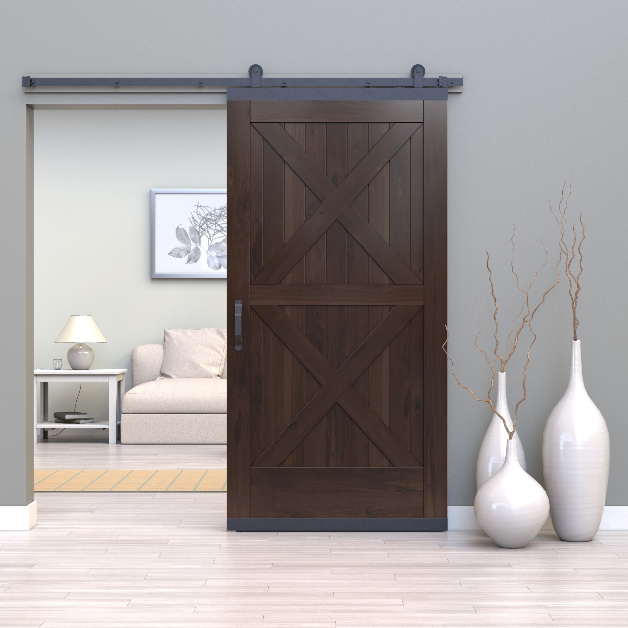 JELD-WEN 42-in x 96-in Chocolate Crossbuck Walnut Wood Single Barn Door ...