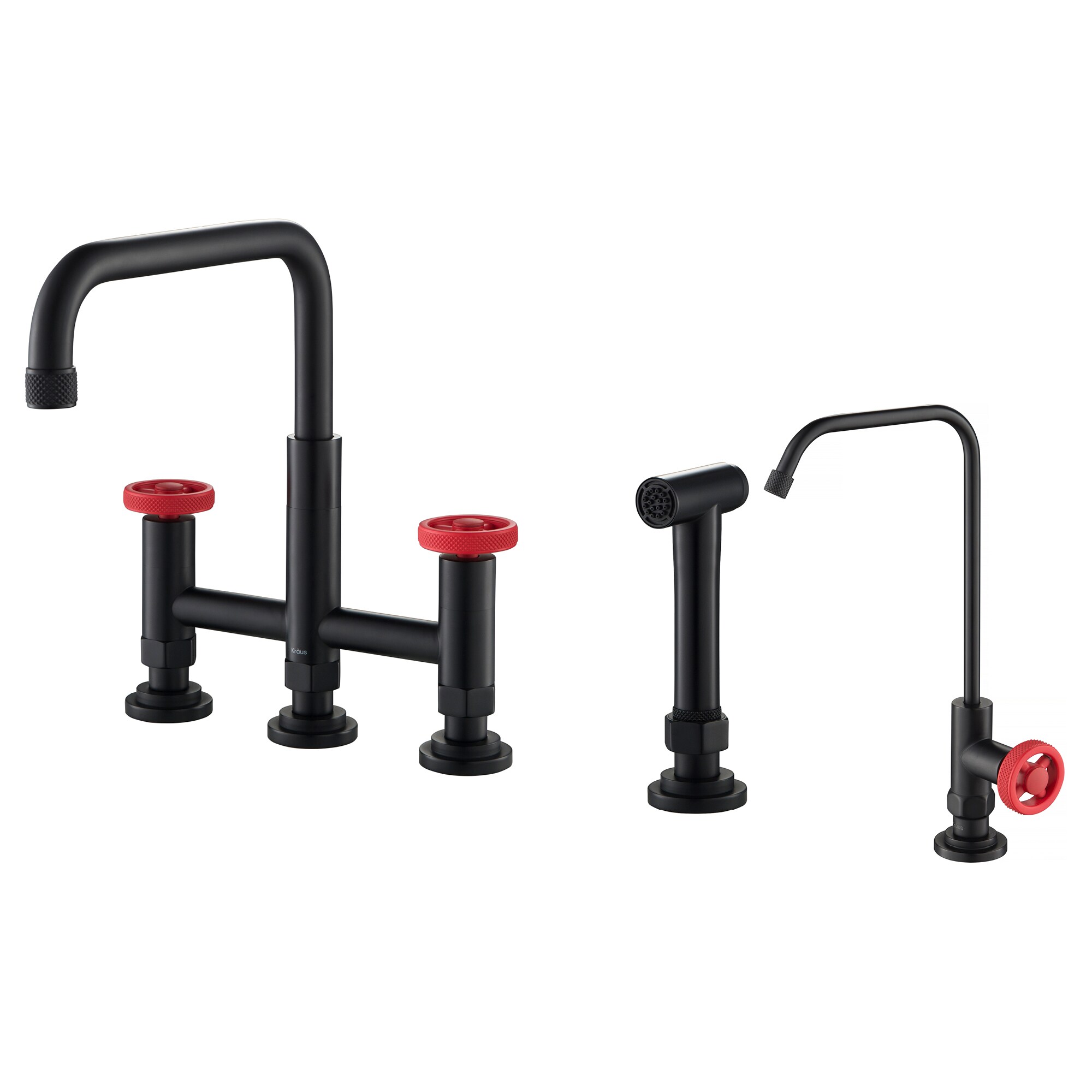 Kraus KPF-3125-FF-101MBRD Urbix Black/Red 3-handle Deck-mount Bridge Kitchen Faucet ( Side Sprayer Included )