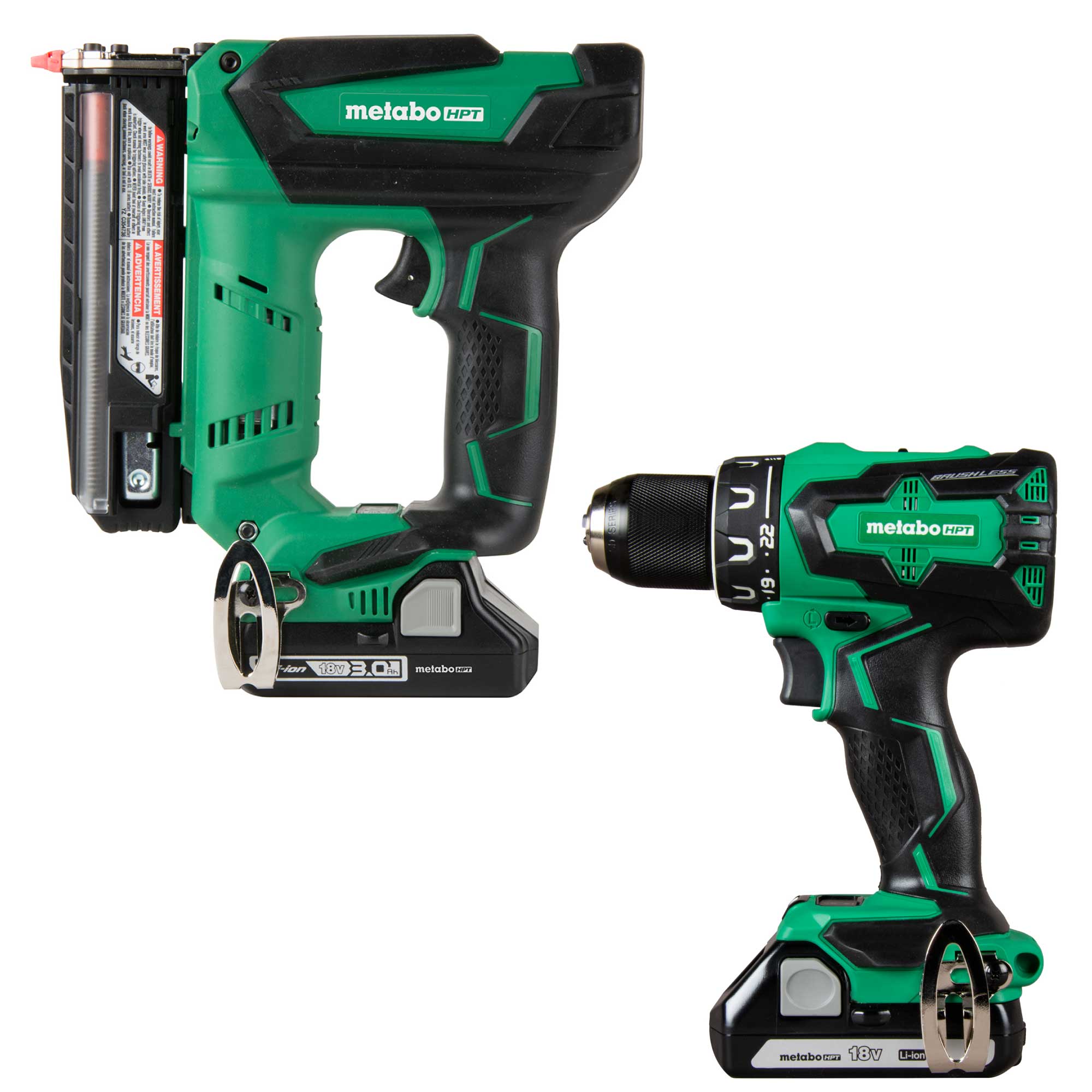 Metabo HPT MultiVolt 18-Volt 23-Gauge Cordless Pin Nailer with MultiVolt 18-volt 1/2-in Brushless Cordless Drill 2-batteries included and charger