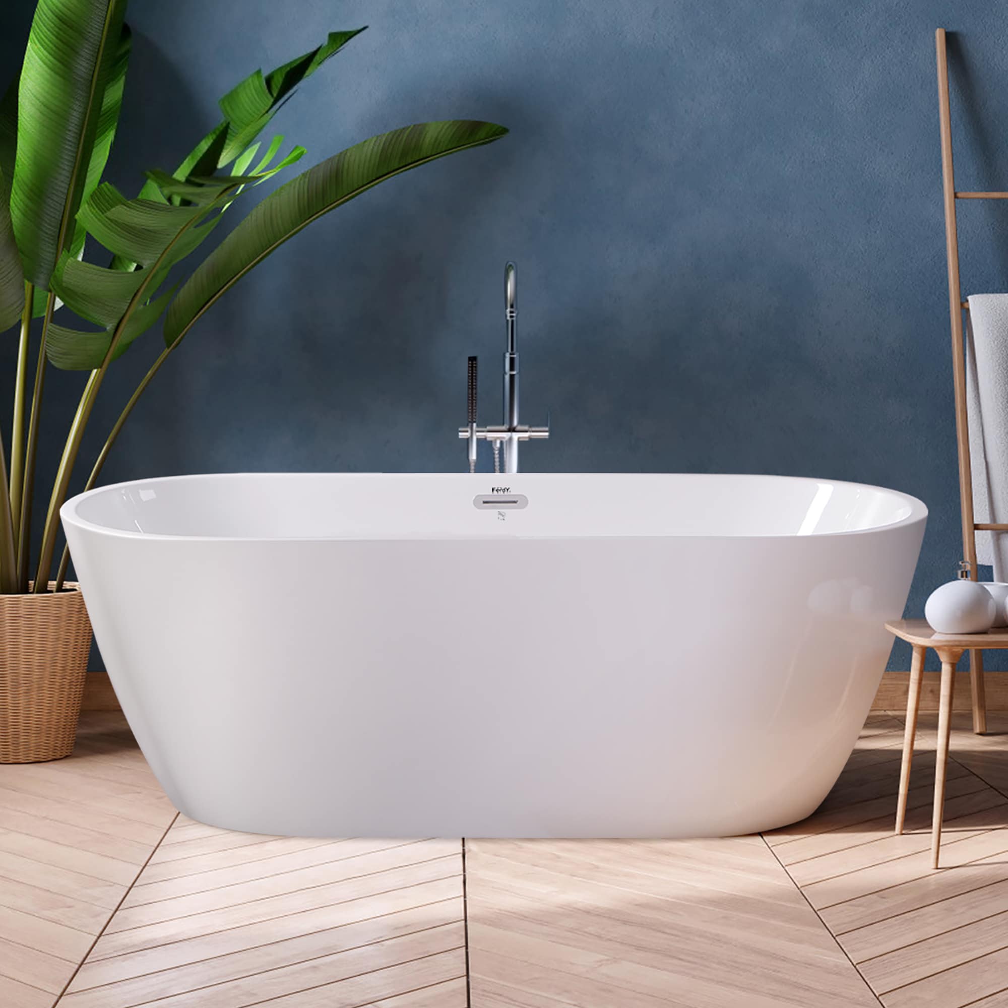 Modern bathroom with freestanding bathtub, modern taps and blue