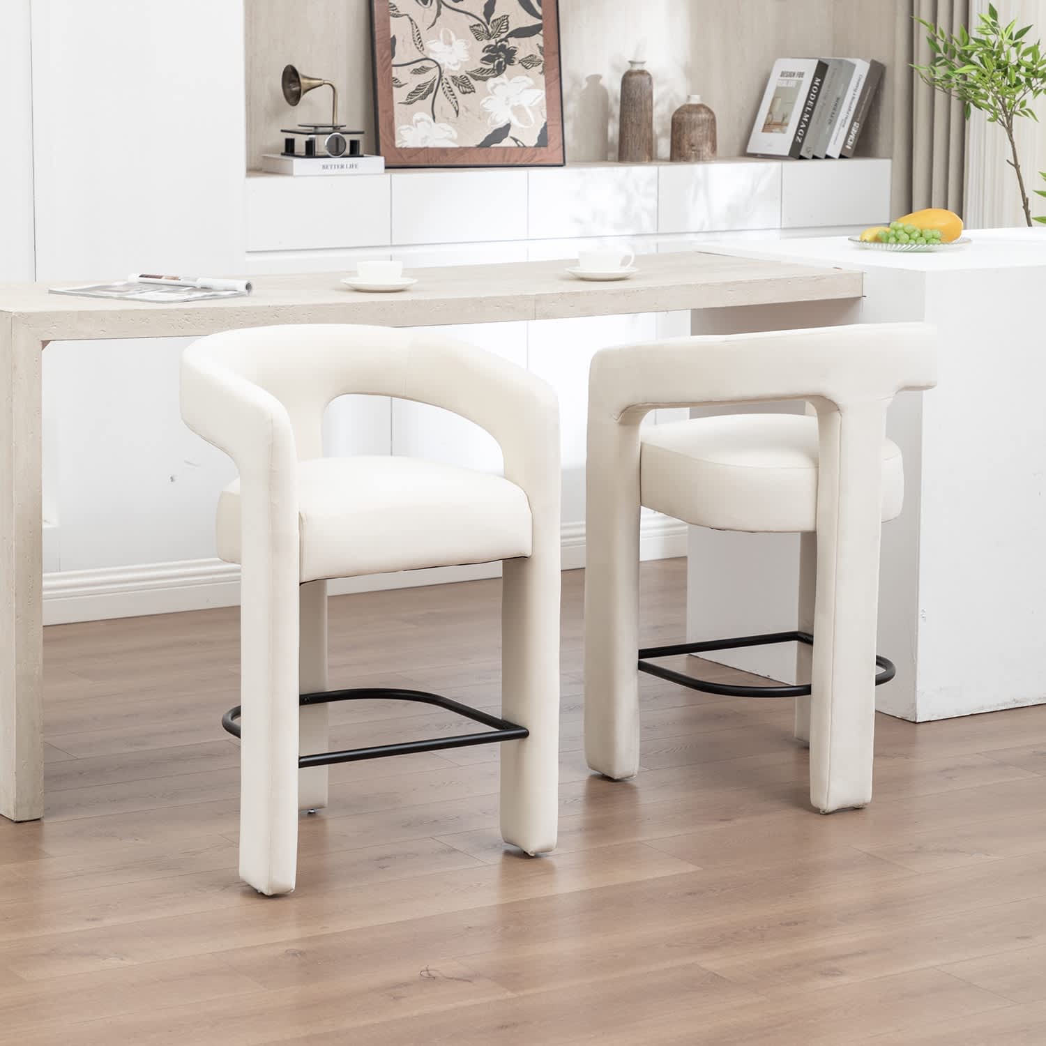 SEYNAR  Modern Velvet 34.6''H Fixed Height Open-Back Bar Stool with Metal Footrest Set of 2