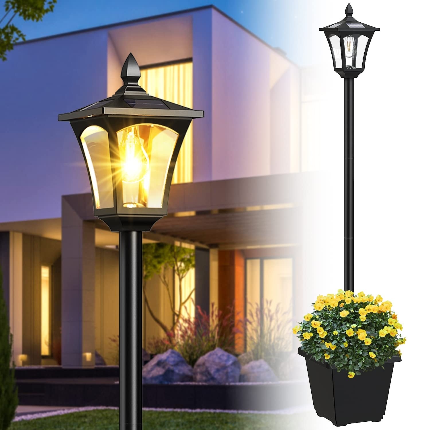 Oyezvary  64 Inch Solar Lamp Post Light with Planter 60 Lumen Outdoor Pole Light Waterproof for Garden Pathway Lawn Driveway Front Back Door 1 Piece