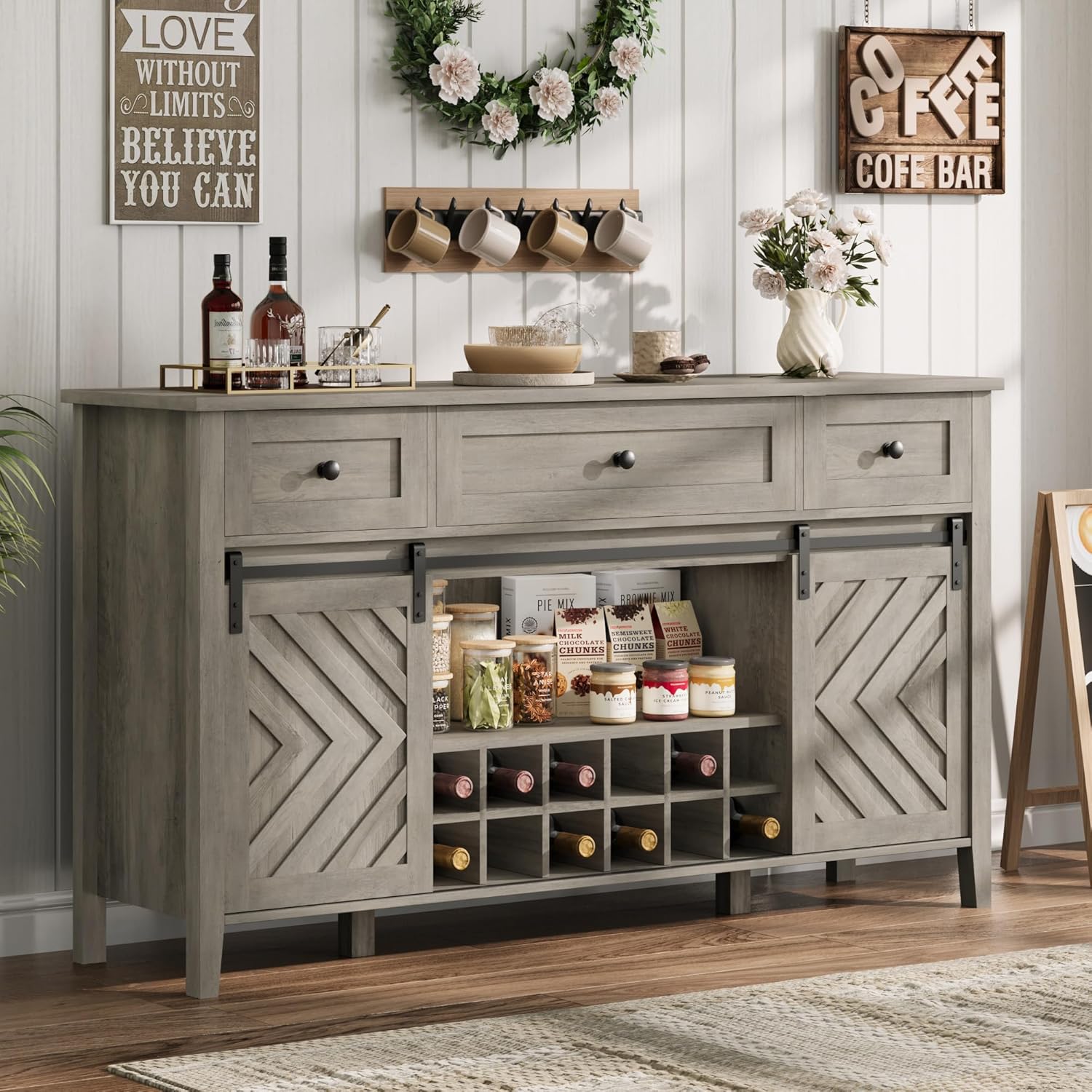 59 Inch Farmhouse Dining Fix - Barn-Style Sliding Doors/  3 Drawers/  Adjustable Shelves and Wine Rack/  Gray
