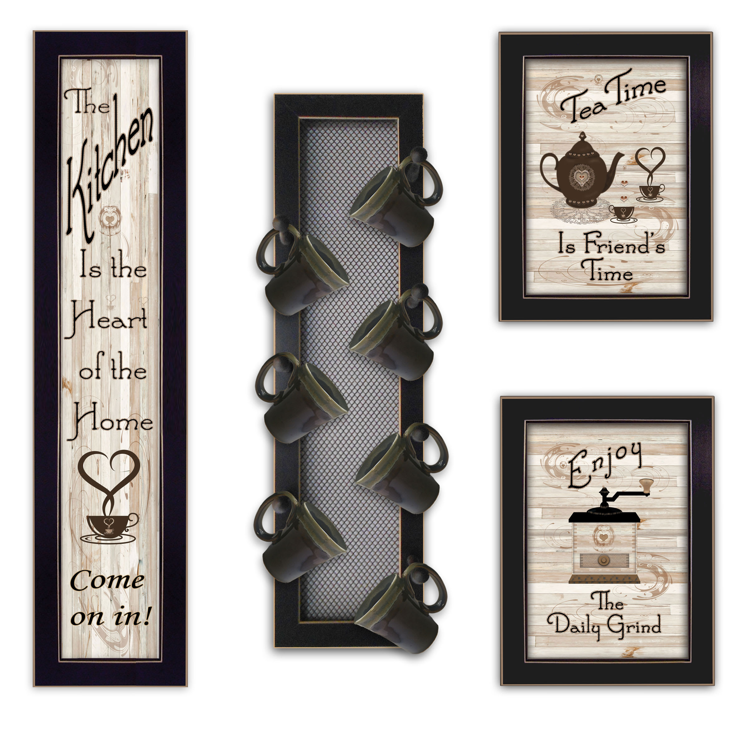 Vynxaria LESX0366-DJWA-GH0109 Kitchen Collection V 4Piece Vignette with 7Peg Mug Rack by Millwork Engineering Black Frame
