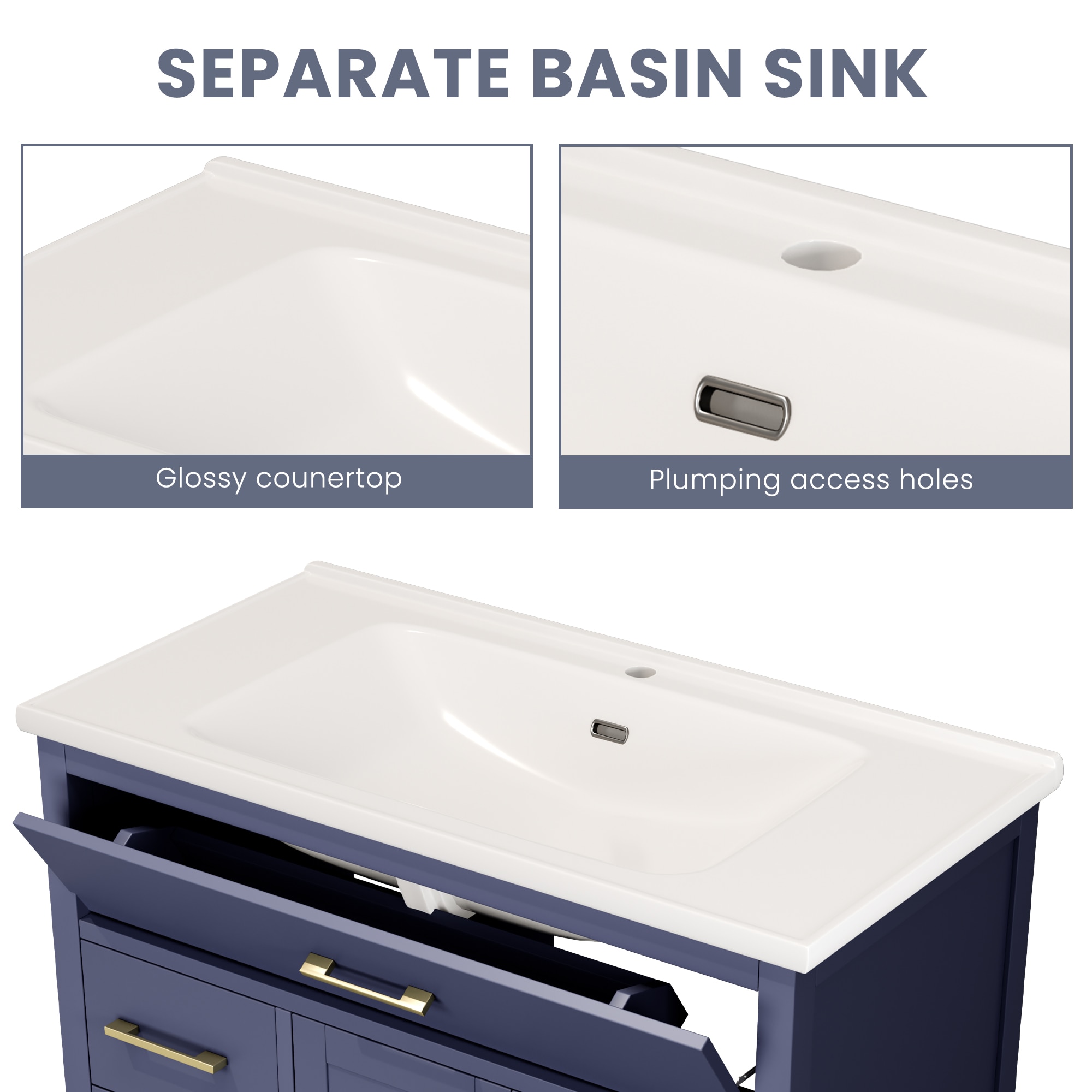 JEAREY 36-in Blue Single Sink Bathroom Vanity with White Marble