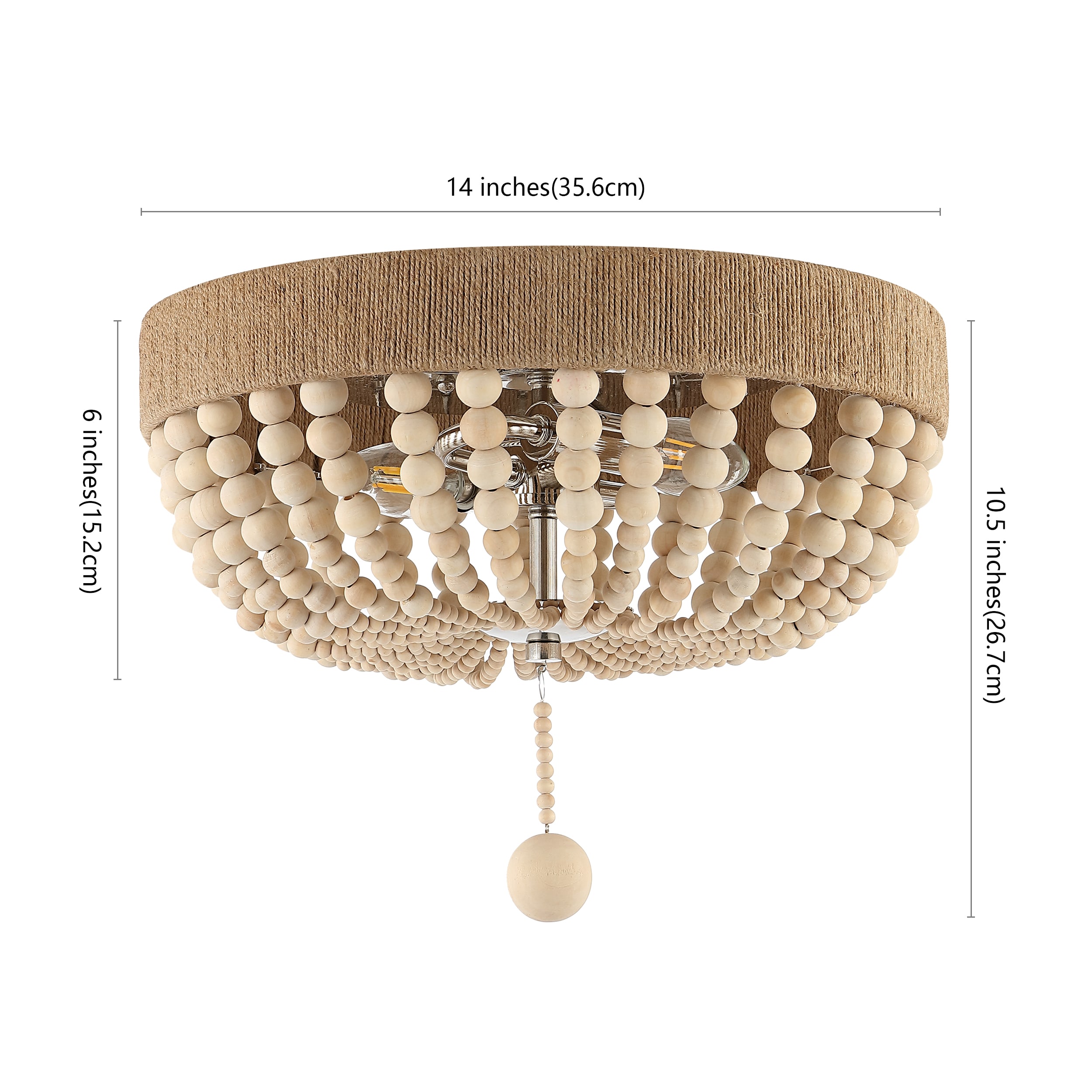 Rustic Farmhouse 14" Chrome Drum LED Flush Mount with Wood Bead Shade