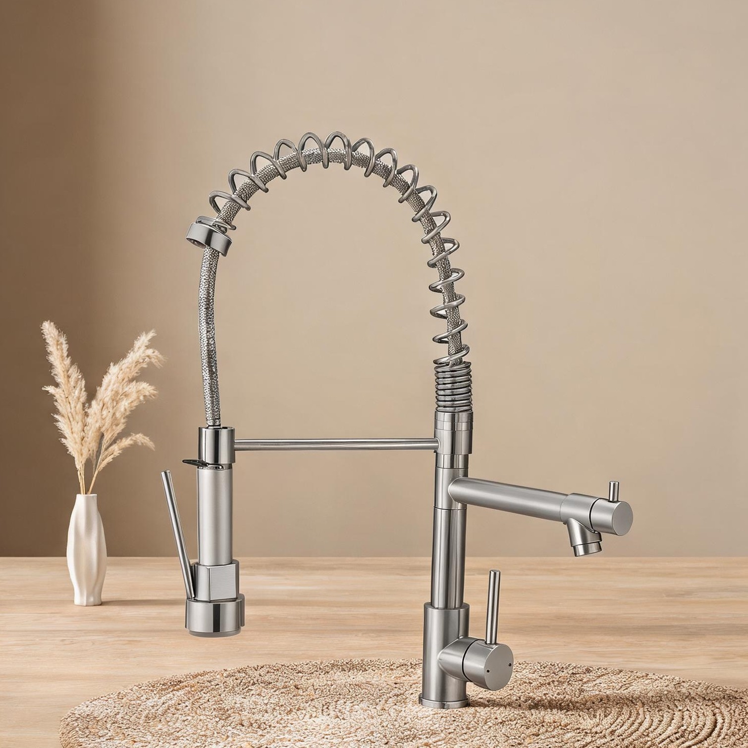 Naturefalls Stainless steel pull-down kitchen faucet in brushed nickel with single lever handle and dual-function sprayer