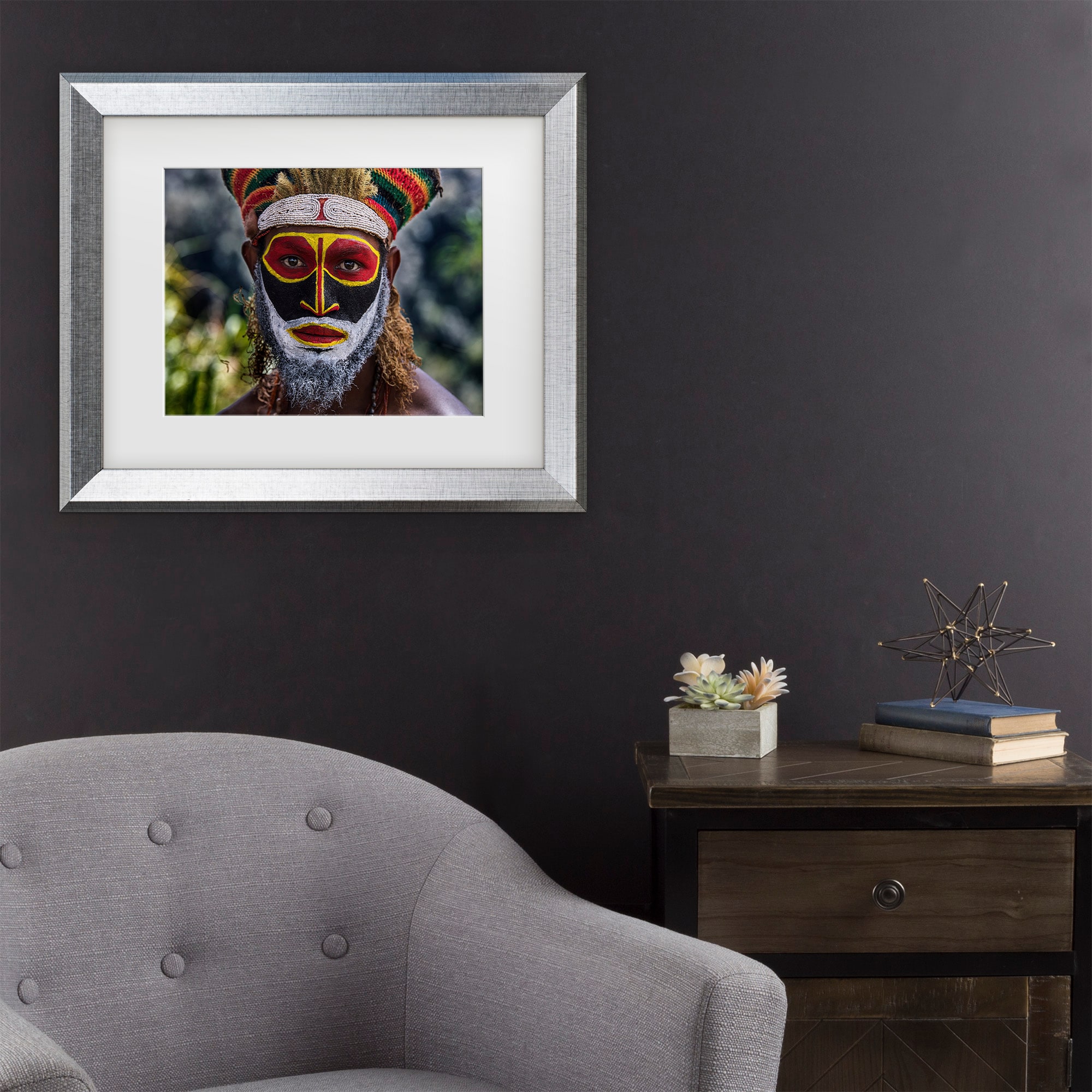 Trademark Fine Art 1X10912-S1114MF Bold Tribal Garb Joxe Inazio Kuesta Silver Frame Wood Framed 11-in H x 14-in W Modern Canvas Print