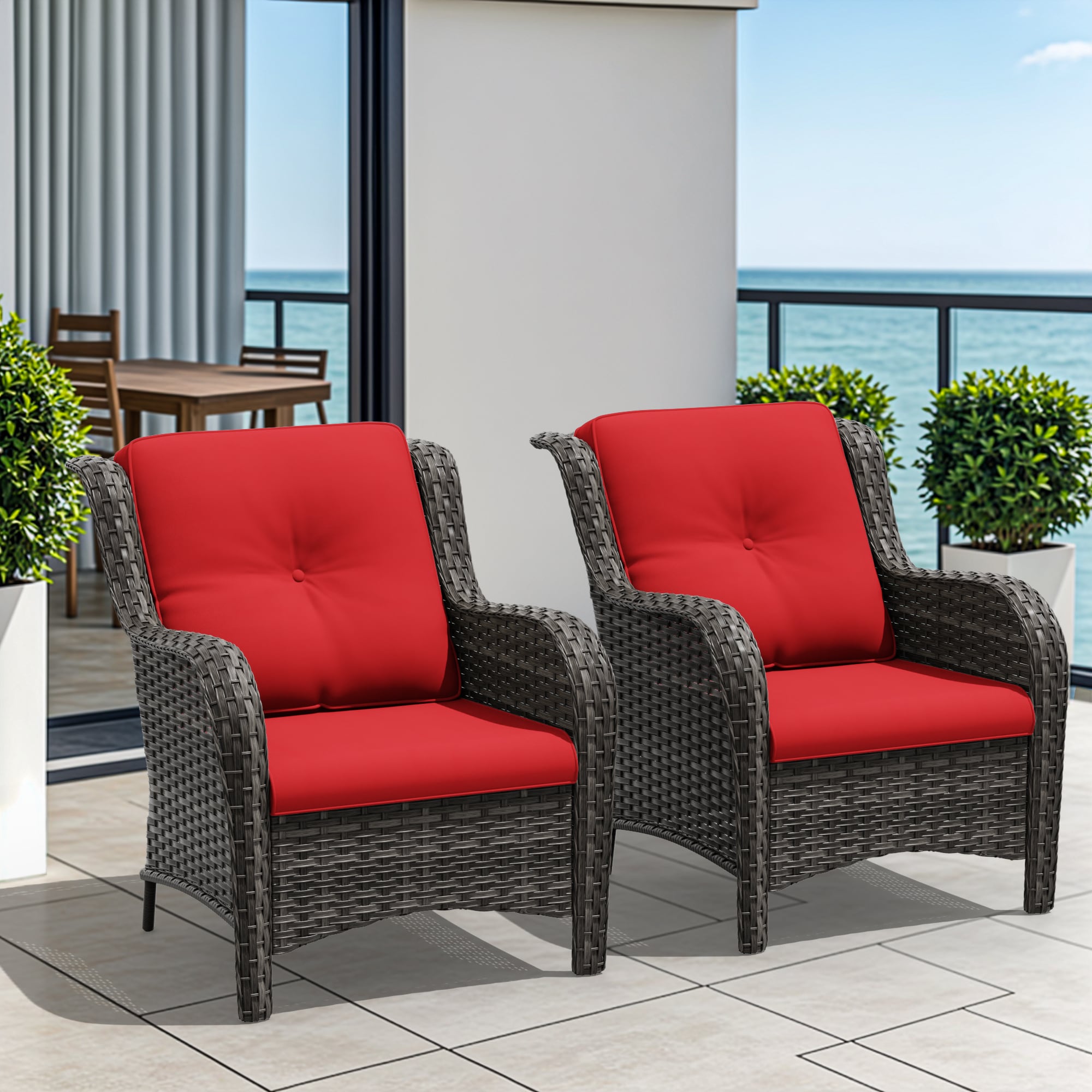 Gardenbee HGL-M08-RED Wicker Brown Steel Frame Stationary Chaise Lounge Chair with Blue Cushioned Seat